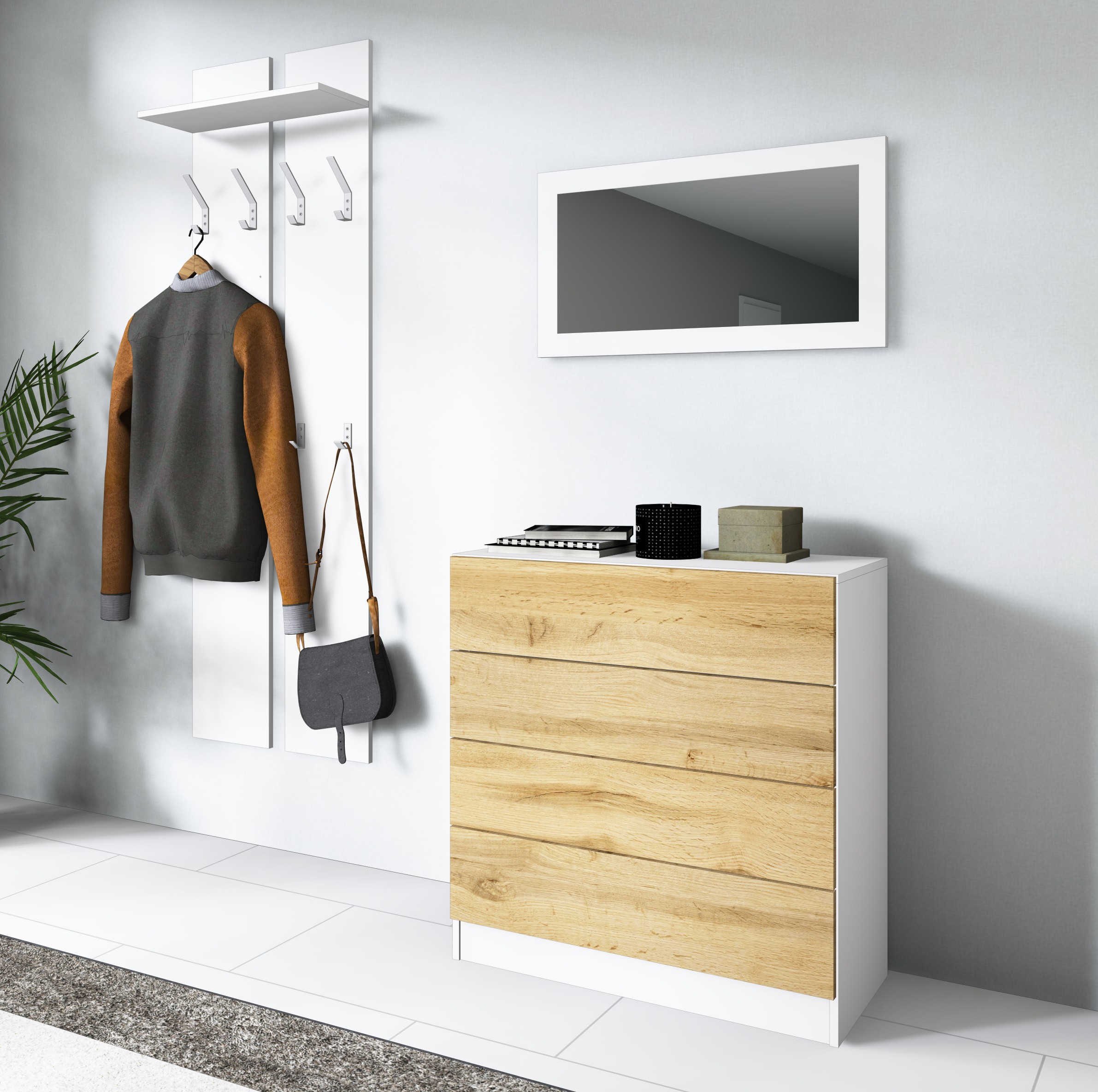 Kommode Weiß-Eiche "Vaasa" im Set mit Spiegel und Paneel