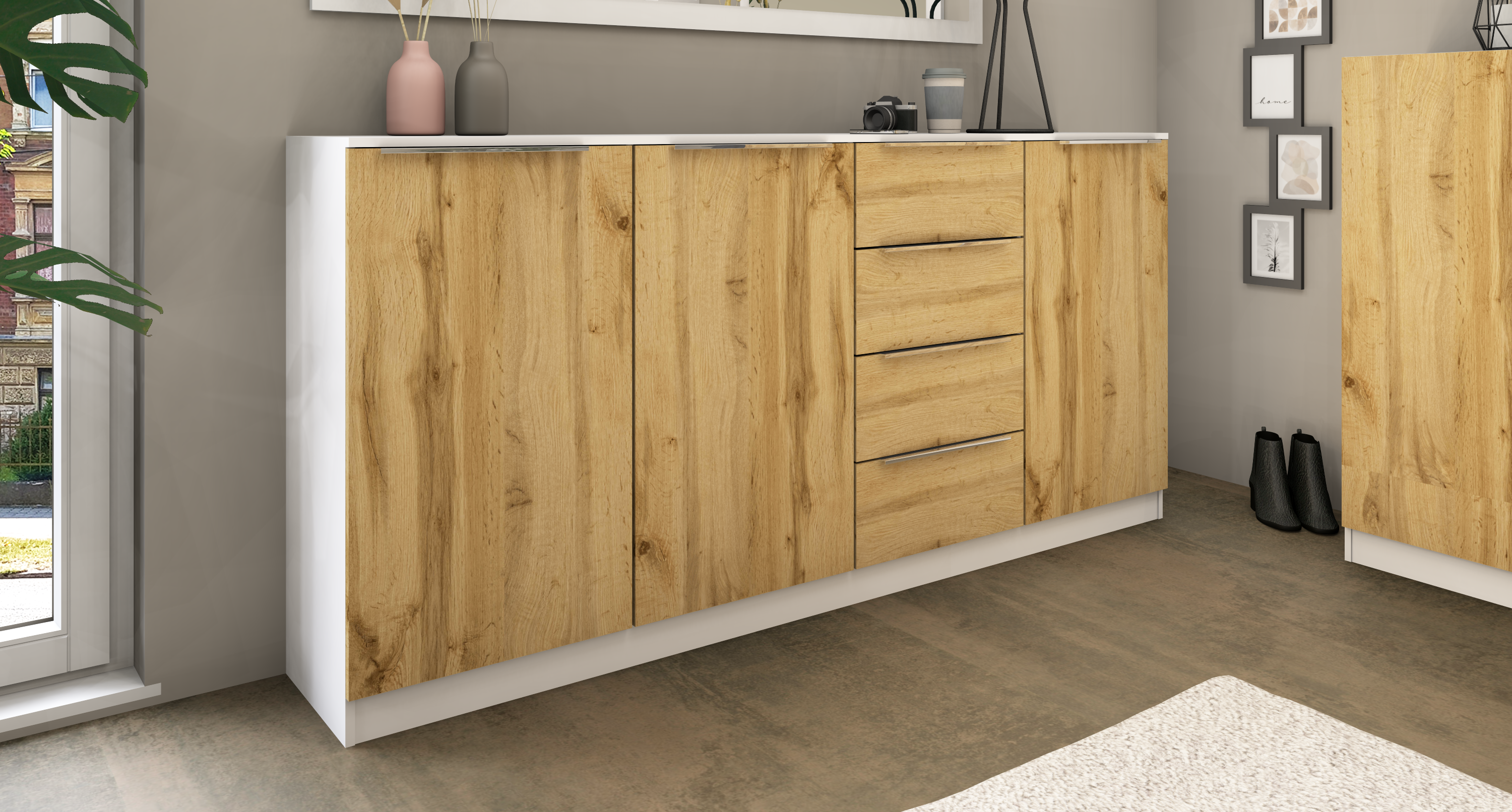 Highboard Weiß Matt - Eiche Wotan "Oliva" 200 cm