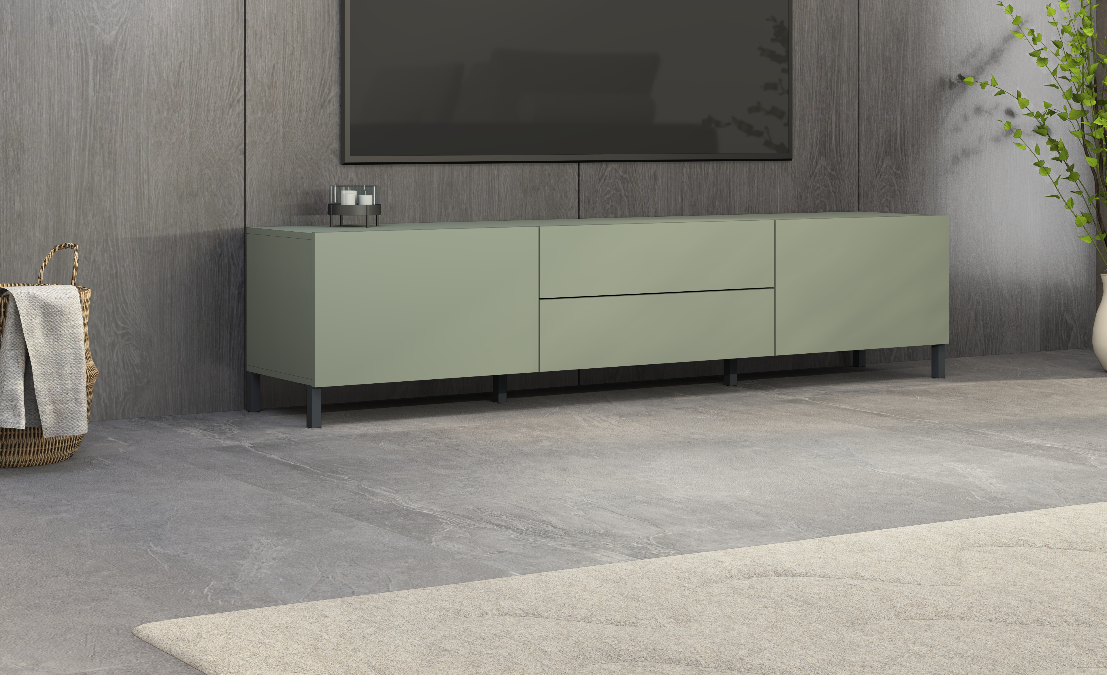 Lowboard "Pori" 200 cm in Salbei mit Metallfüßen