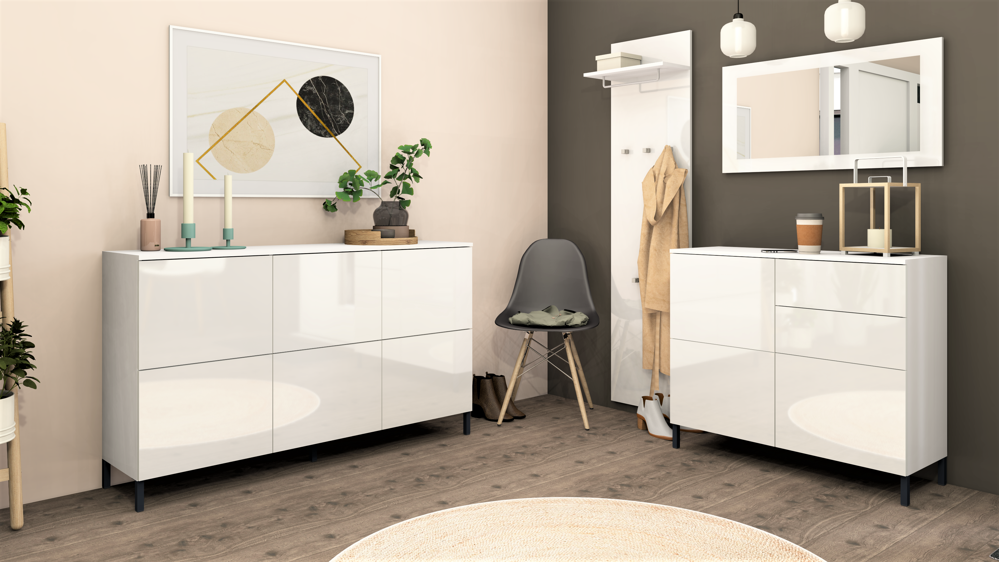 Sideboard und Garderobenset, Weiß Hochglanz "Haama"