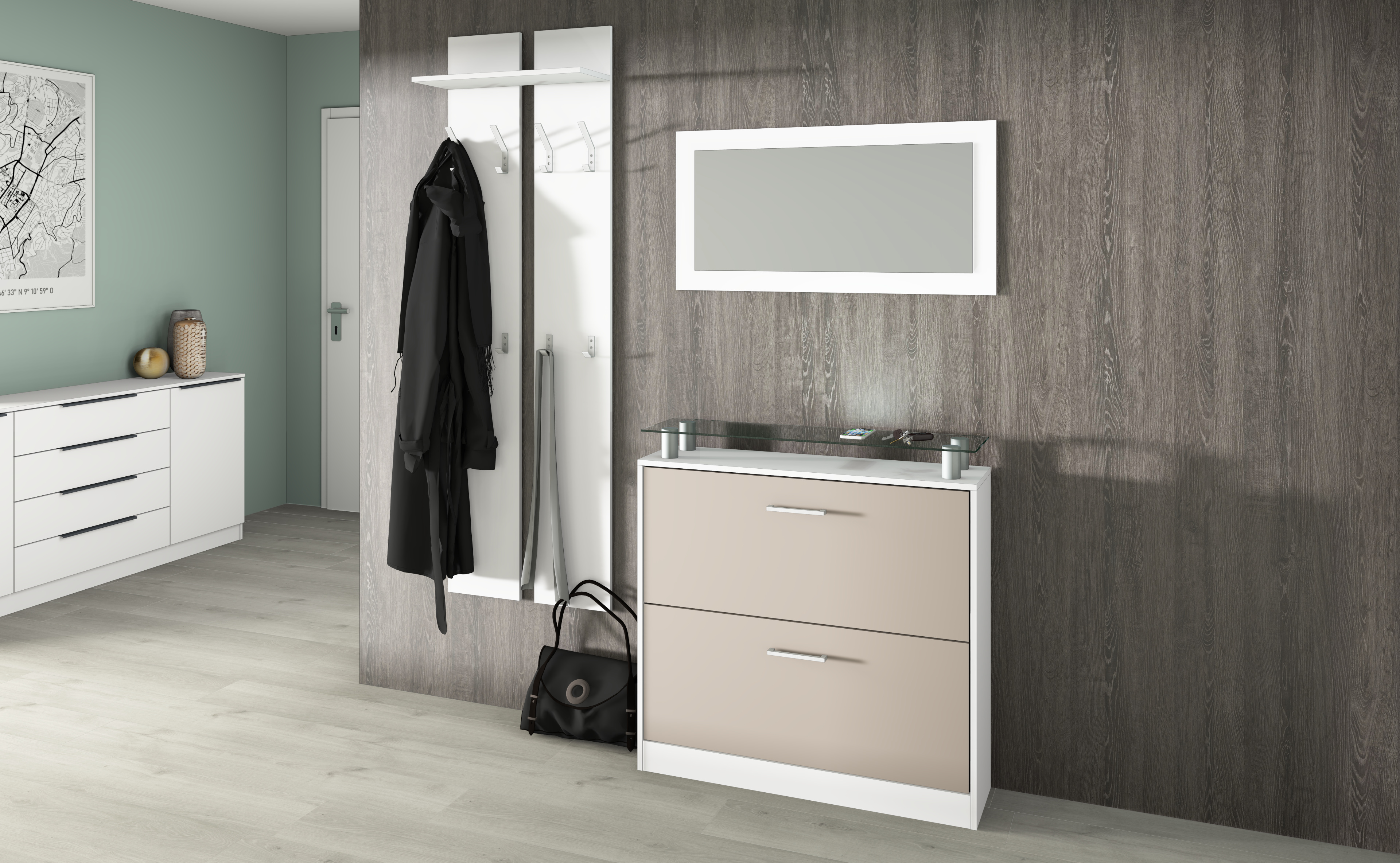 Garderobenset mit Schuhschrank, Paneel, Spiegel in Weiß-Cappuccino