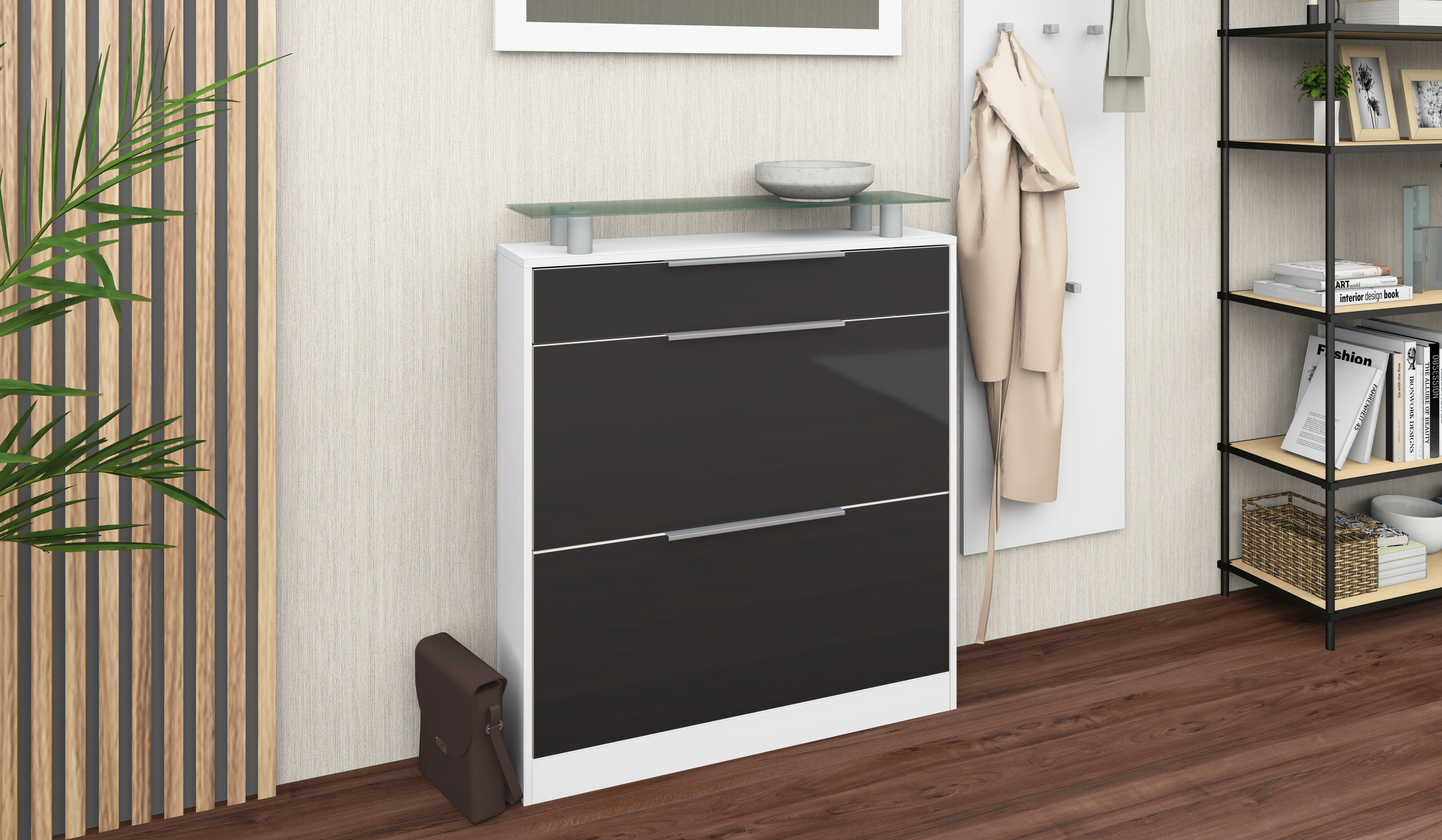 Schuhschrank "Oliva" Weiß Matt - Graphit Hochglanz