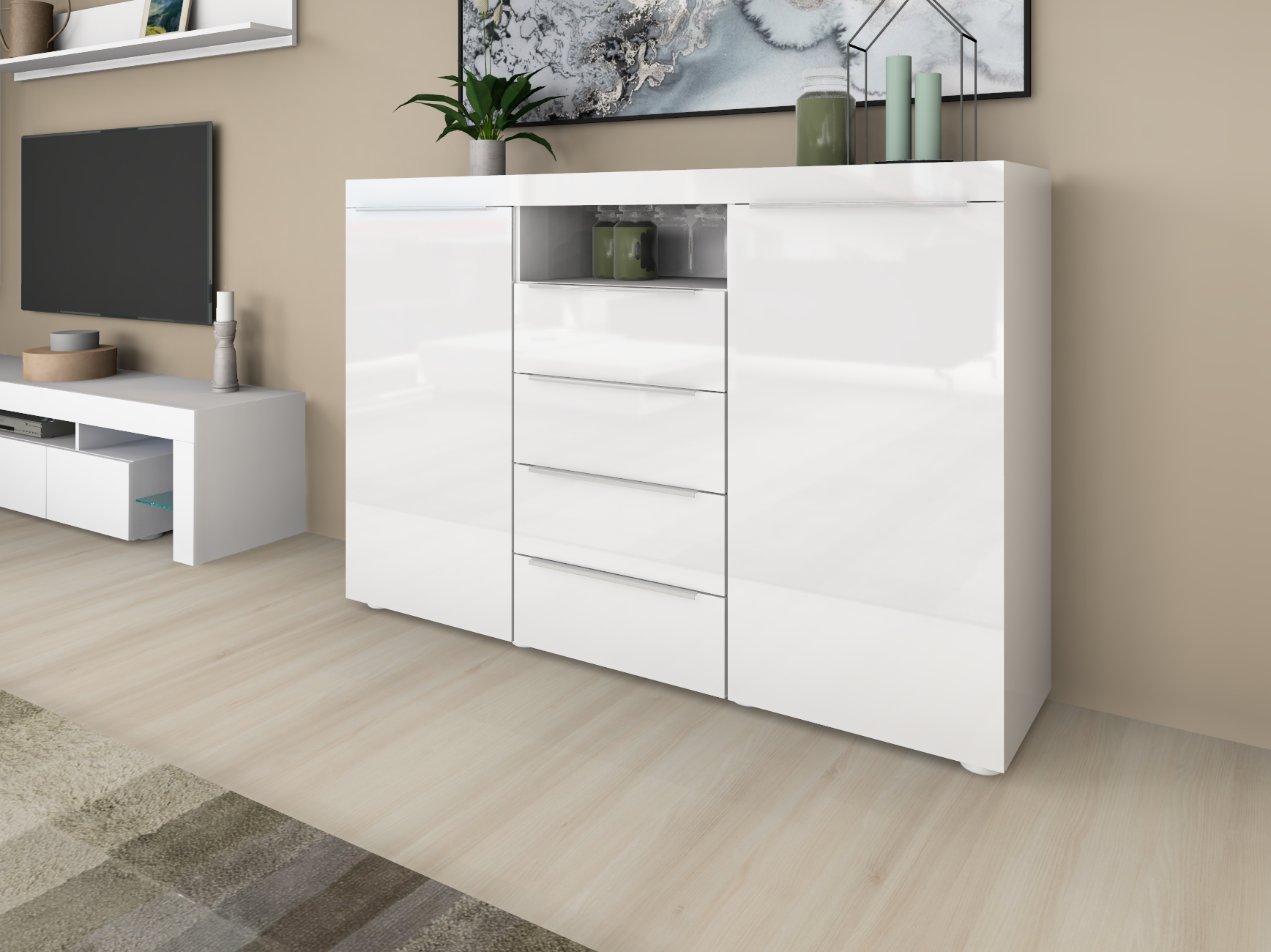 Highboard Weiß Hochglanz "Durban" 139 cm