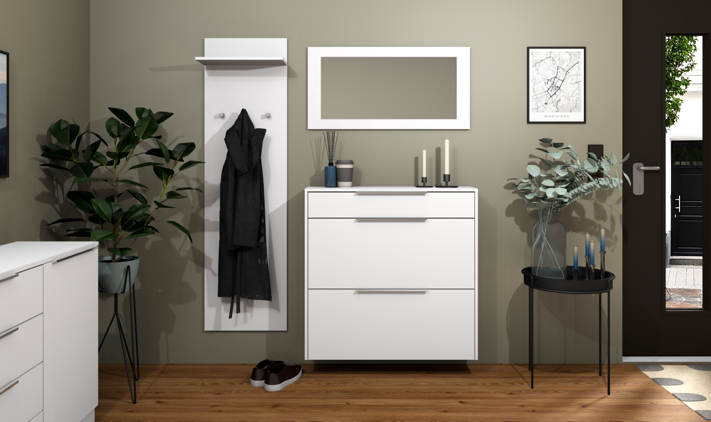 Garderobenset Oliva Basic mit Schuhschrank, Paneel und Spiegel in weiß matt