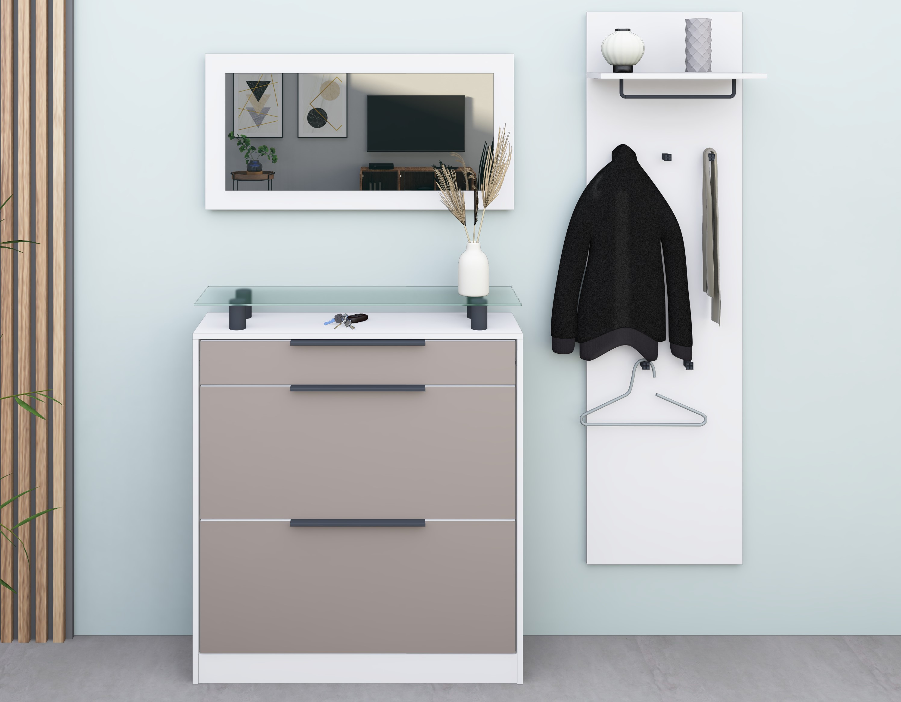 Schuhschrank mit Spiegel und Paneel "Tom" Weiß - Cappuccino