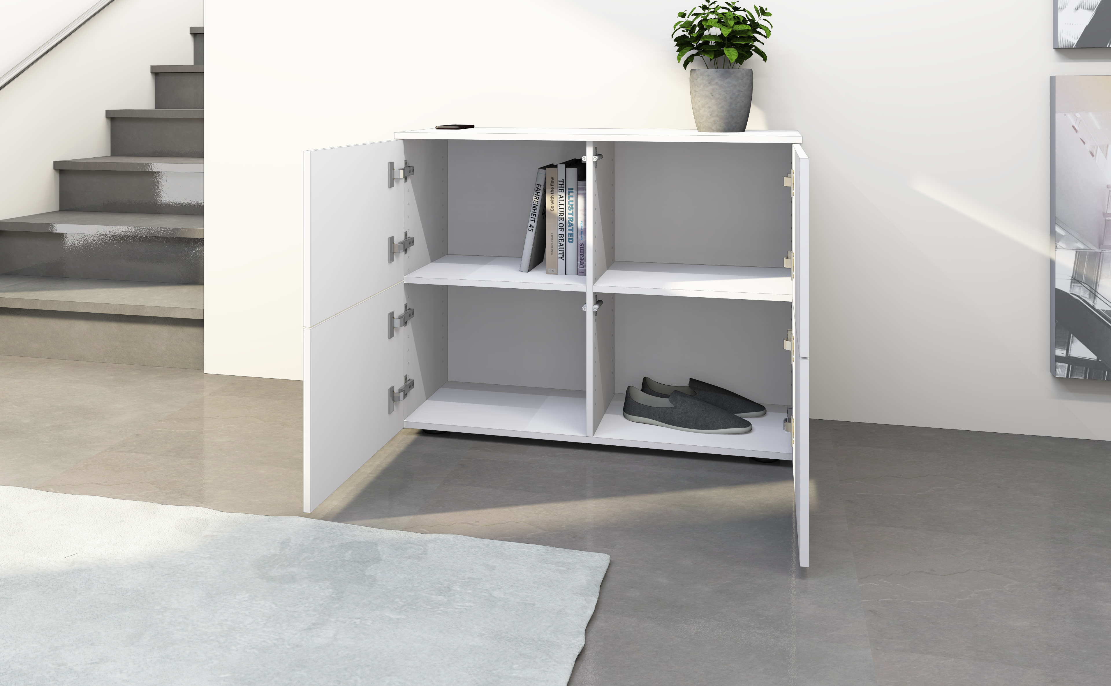 KOM-4T_weiss-matt_04 Kommode ROVA mit 4 Türen in Weiß, geöffnete Ansicht