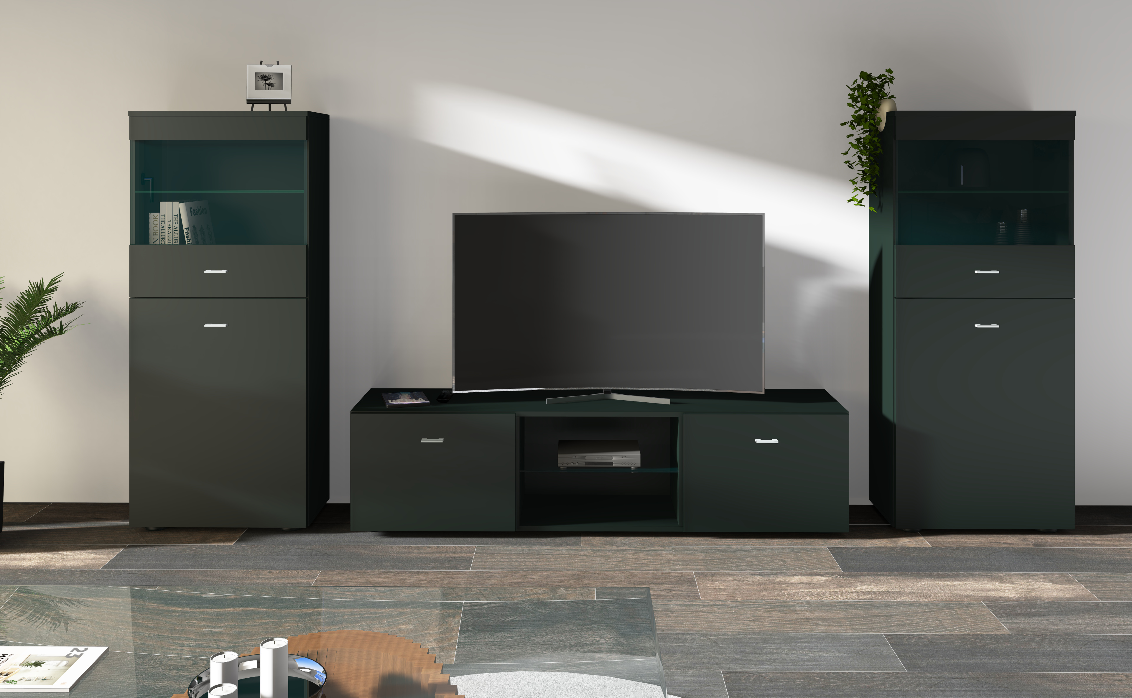 313106_TV-Wand_schwarz_02 TV-Wand Schwarz Matt "Scala" mit Lowboard und Vitrinen