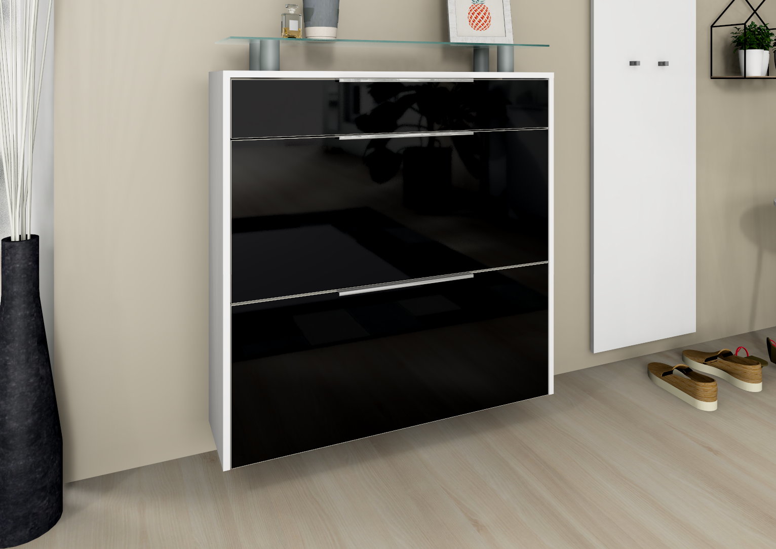 Schuhschrank "Oliva" zum Hängen in weiß-schwarz hochglänzend