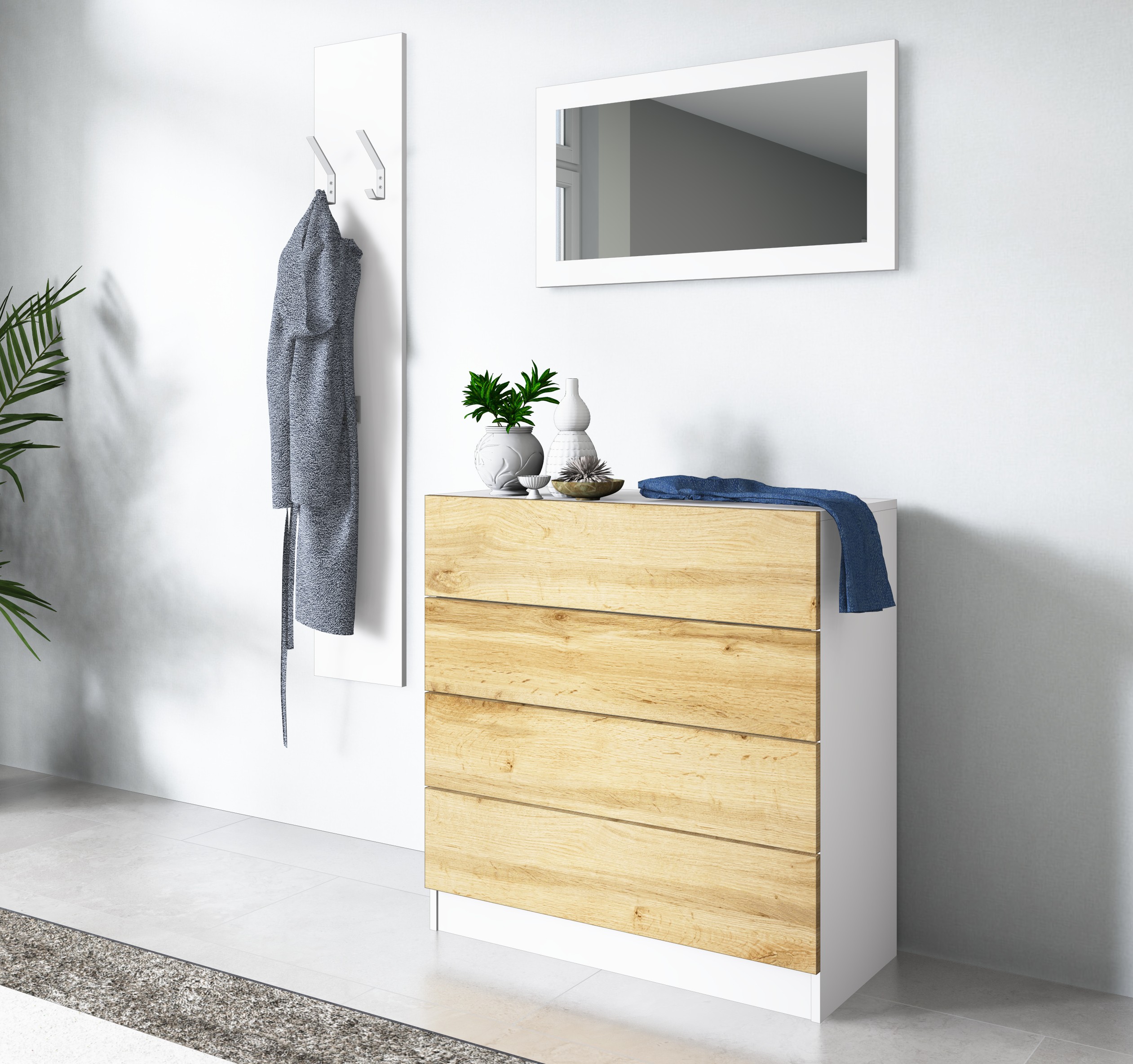Kommode "Vaasa" Weiß-Eiche im Set mit Spiegel und Paneel