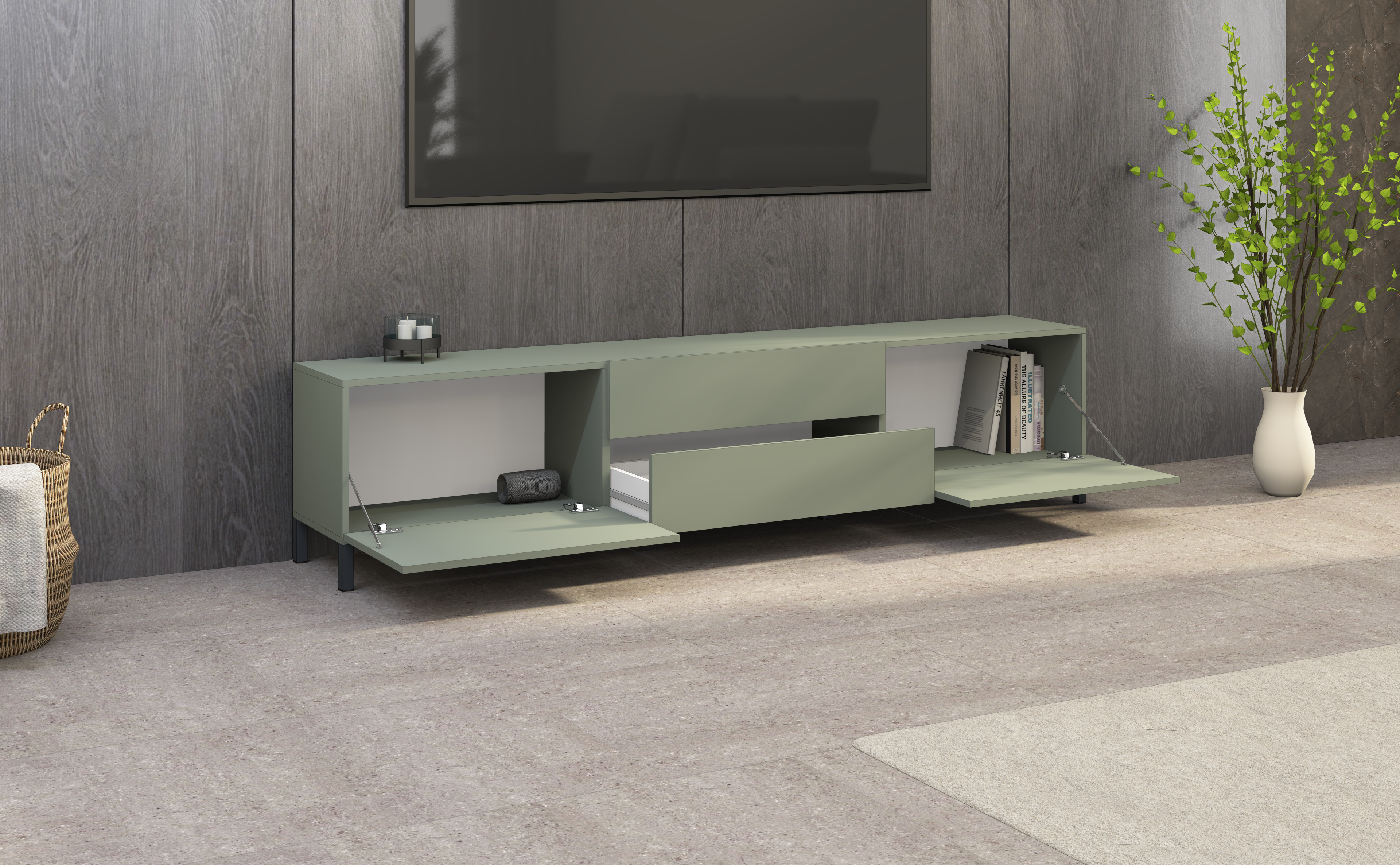 Lowboard "Pori" 200 cm in Salbei mit Metallfüßen