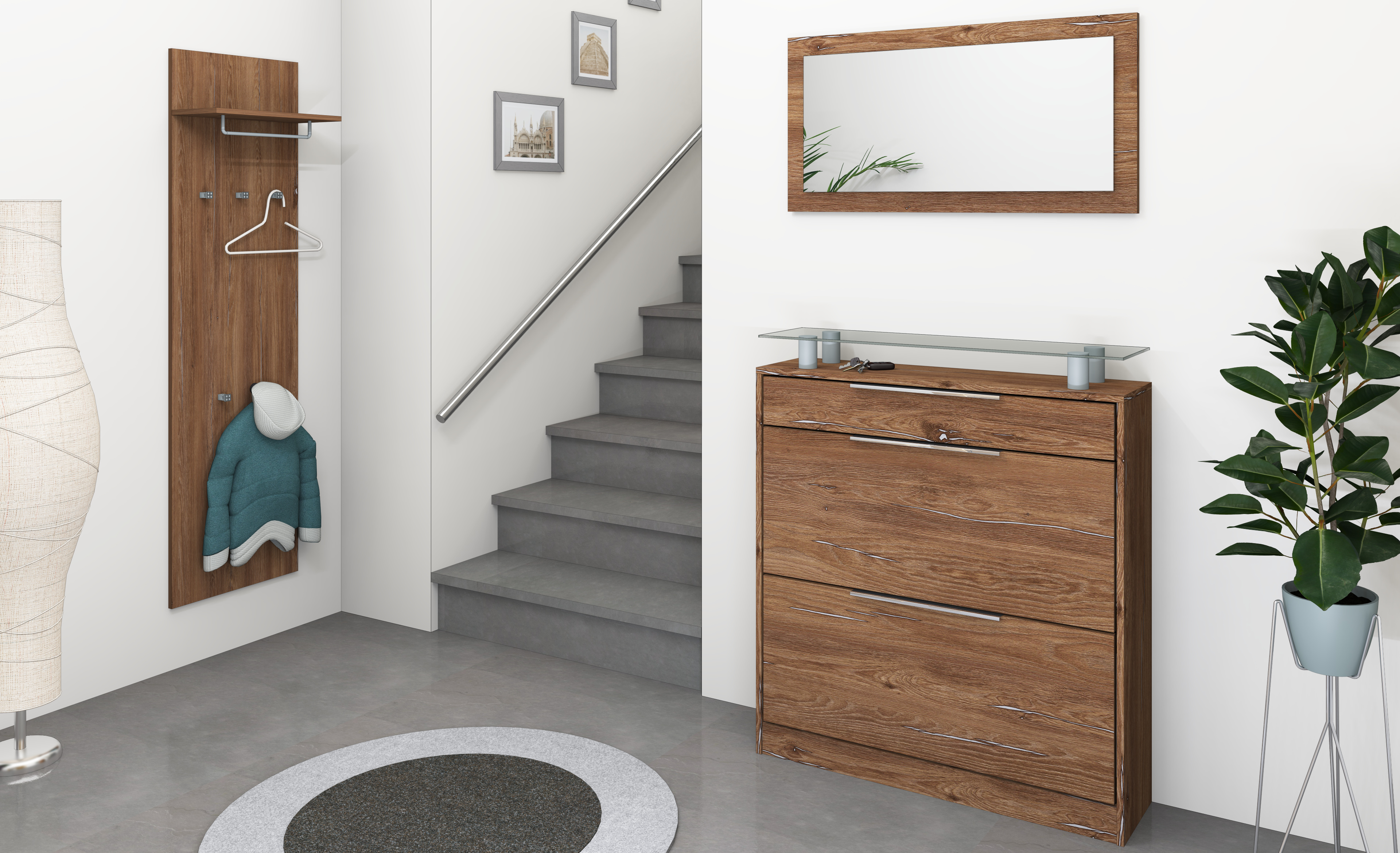 46157441_G-Set-_stehend_vintage-eiche_05 Garderobenset "Oliva" 3-teilig mit Schuhschrank in eiche-vintage