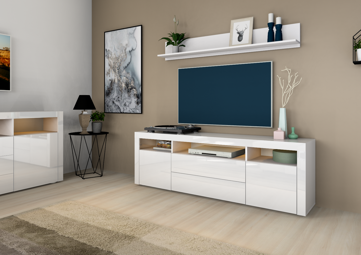 9_2 Lowboard Weiß Hochglanz 166 cm "Santa Fé"