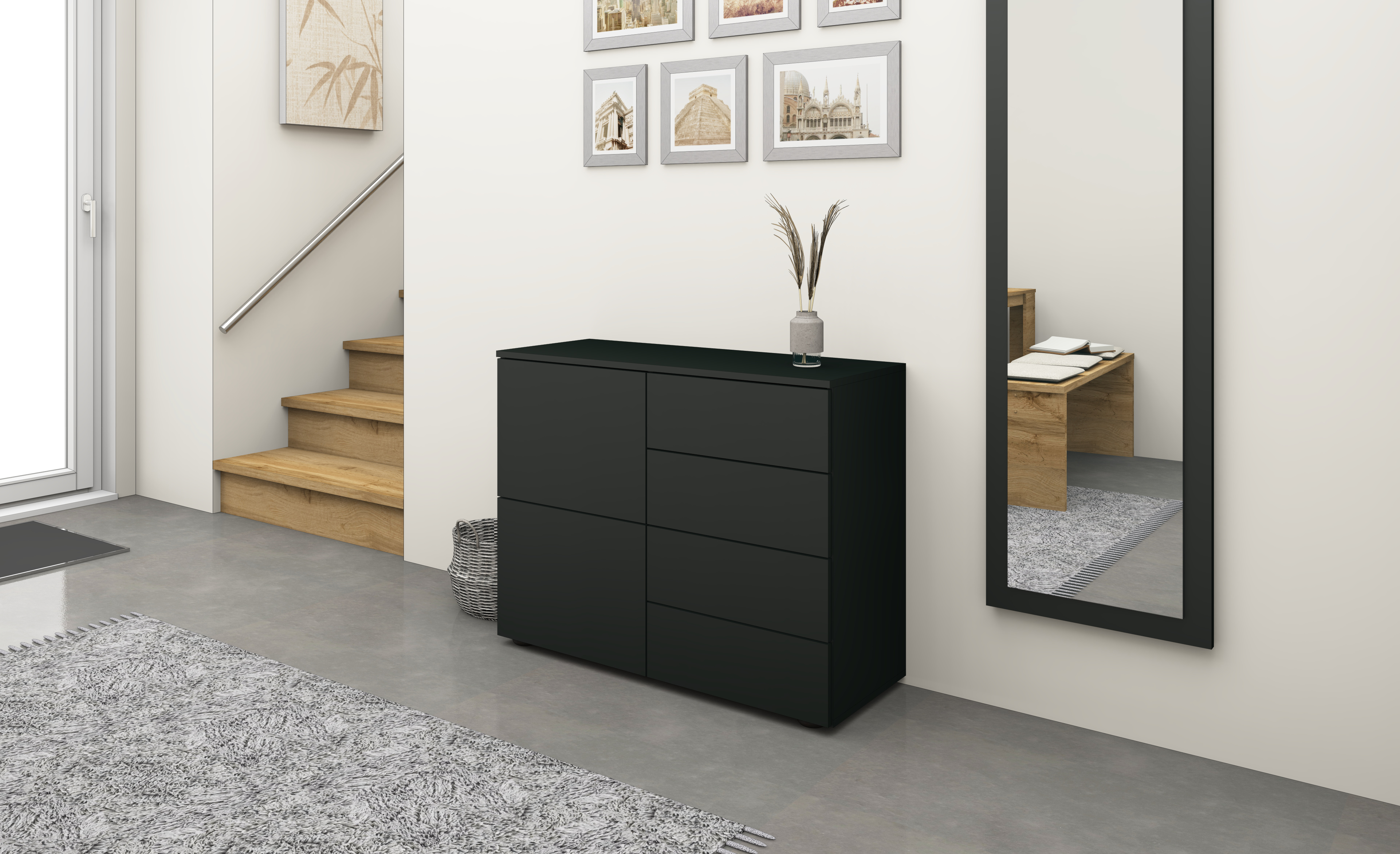 Kommode "Rova" 2 Türen, 4 Schubkästen, schwarz 