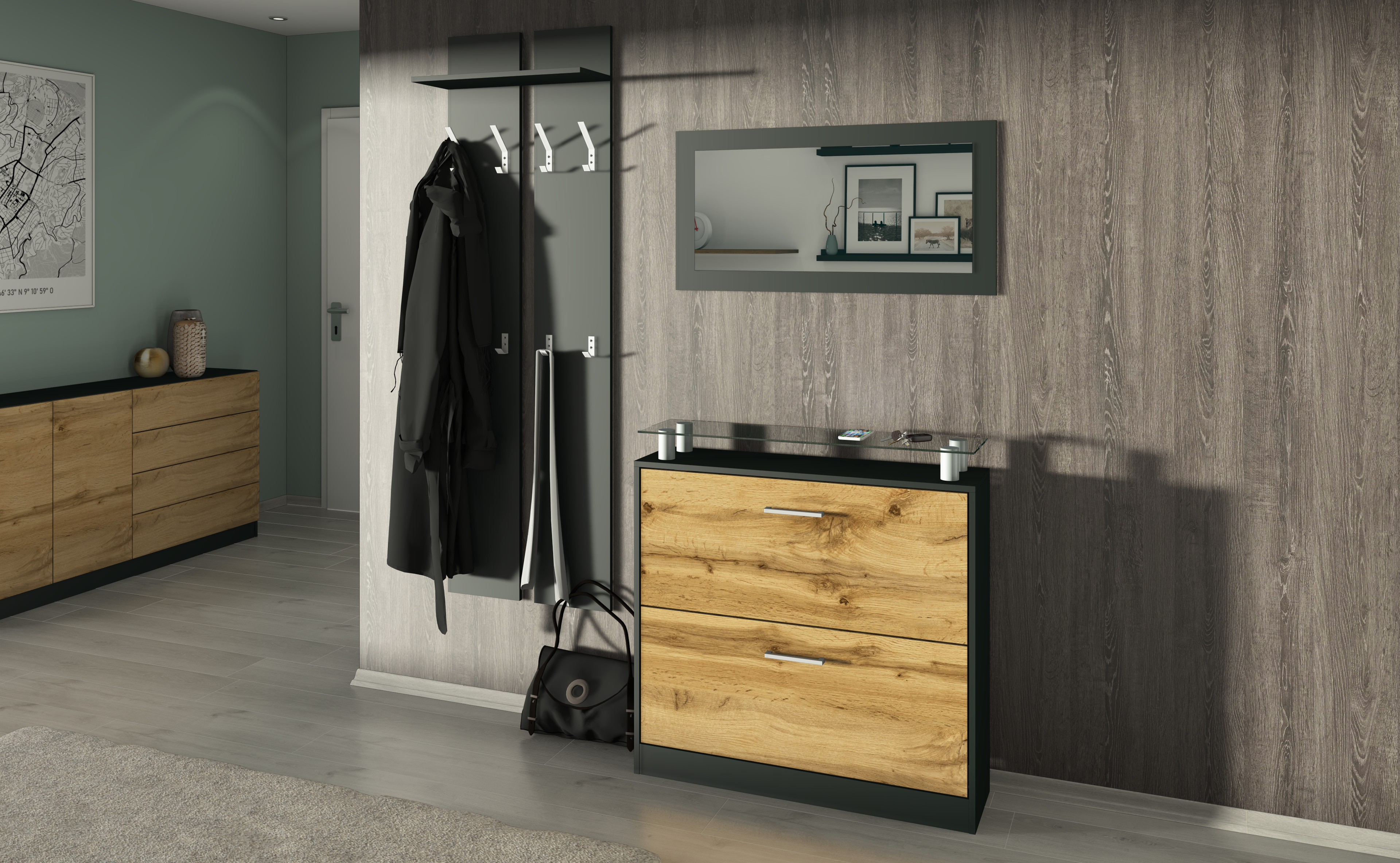 Garderobenset schwarz-eiche mit Schuhschrank, Spiegel, Paneel