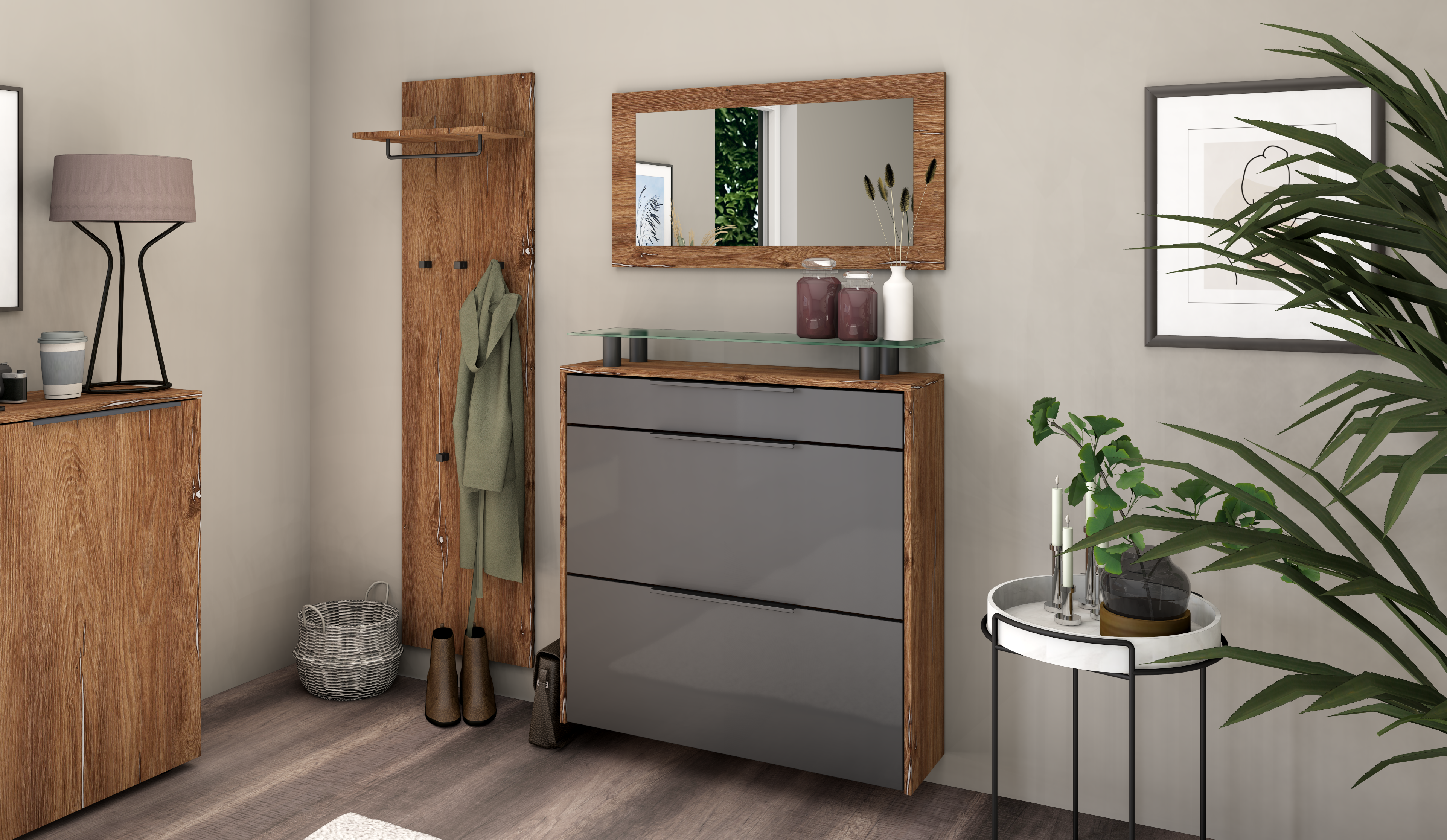 Schuhschrank mit Spiegel und Paneel "Tom" Eiche Vintage - Graphit