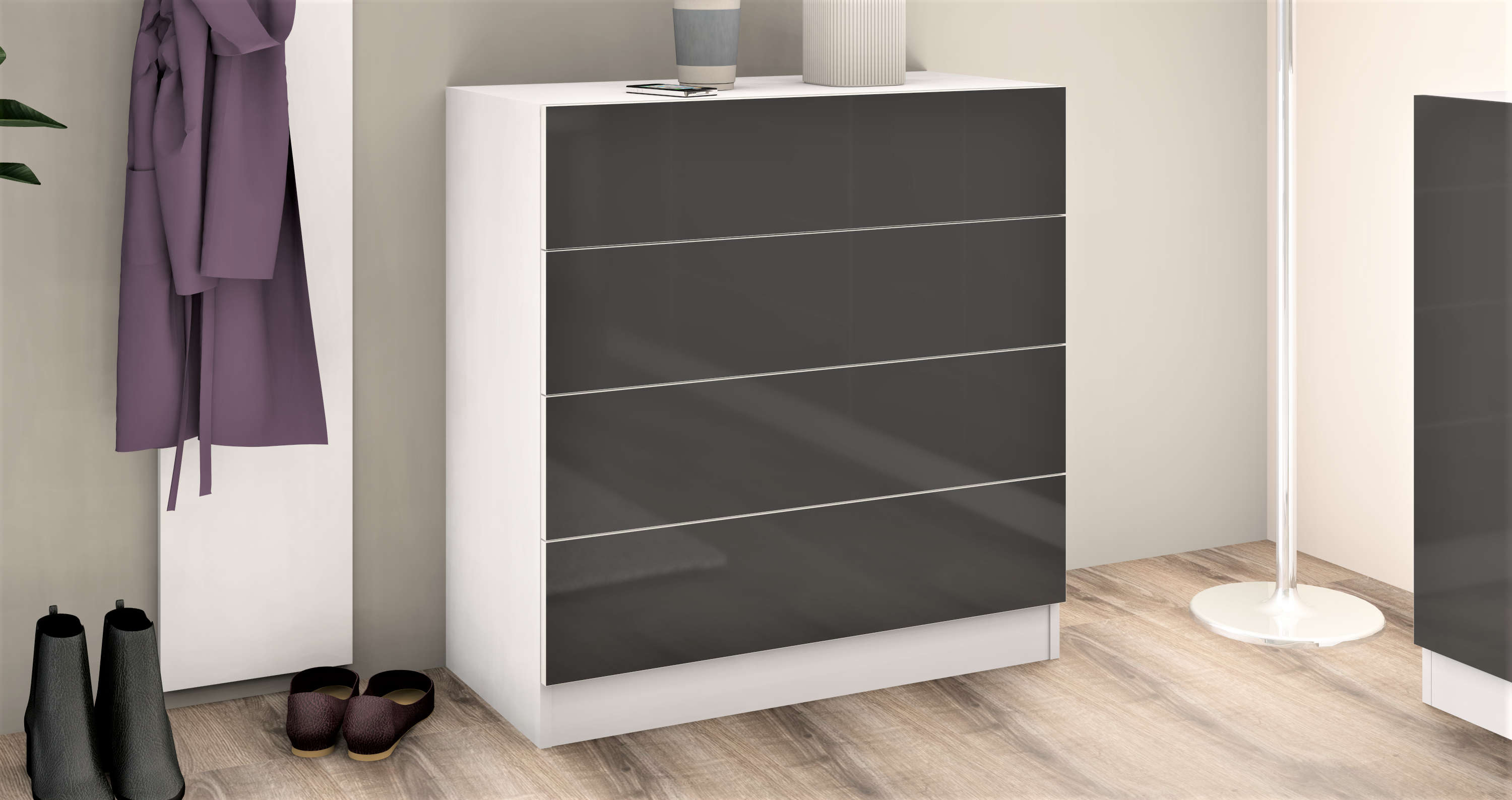 Kommode Weiß Matt - Graphit Hochglanz "Vaasa" 4 Schubkästen