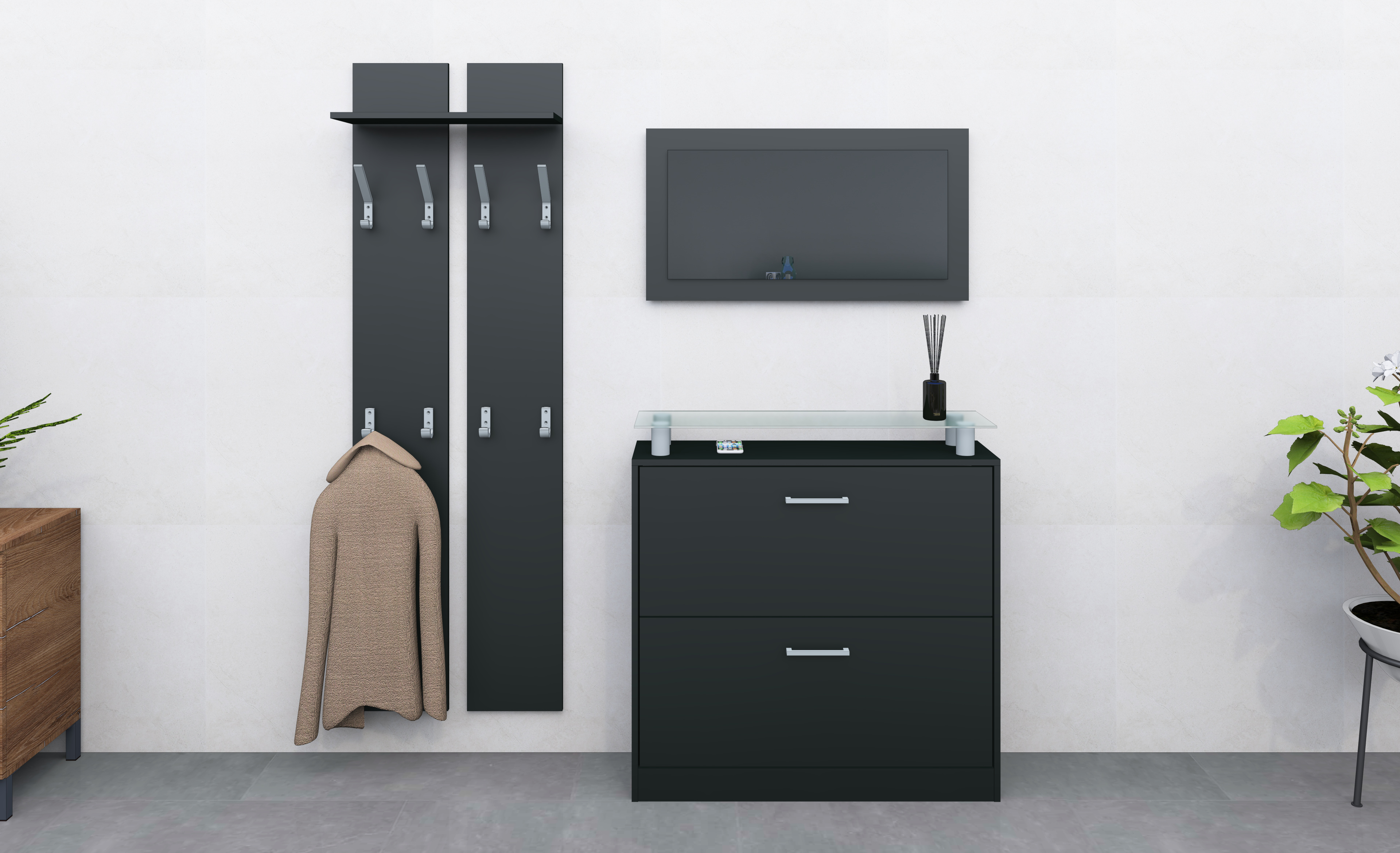 Garderobenset schwarz matt mit Schuhschrank, Spiegel, Paneel "Finn"