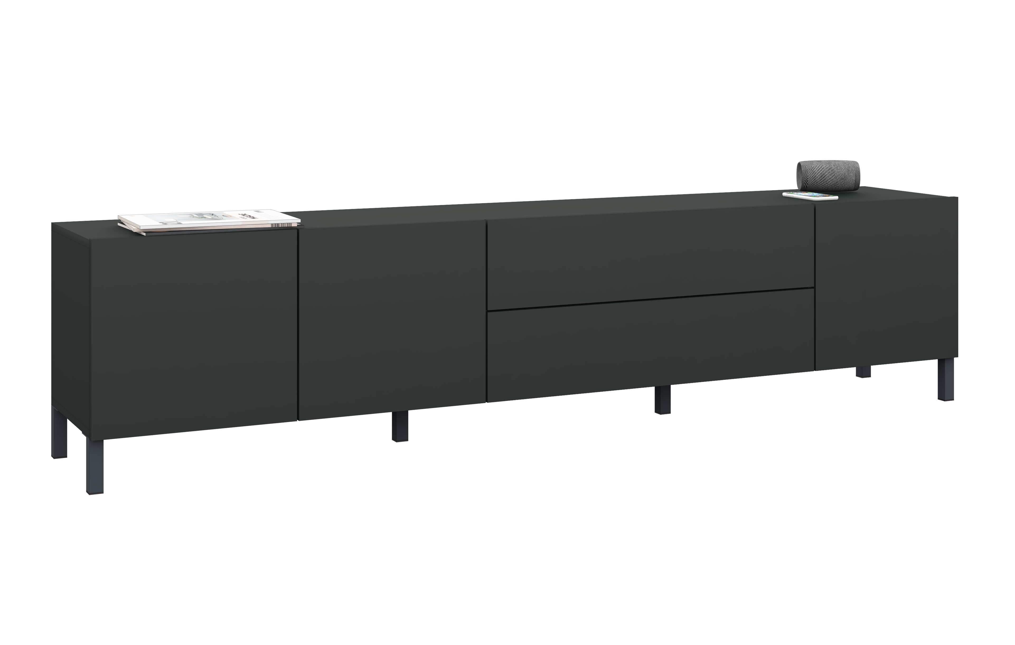 LB-190_3T-2SK_schwarz-matt_1 Lowboard Pori 190 cm mit 3 Türen und 2 Schubkästen in schwarz matt