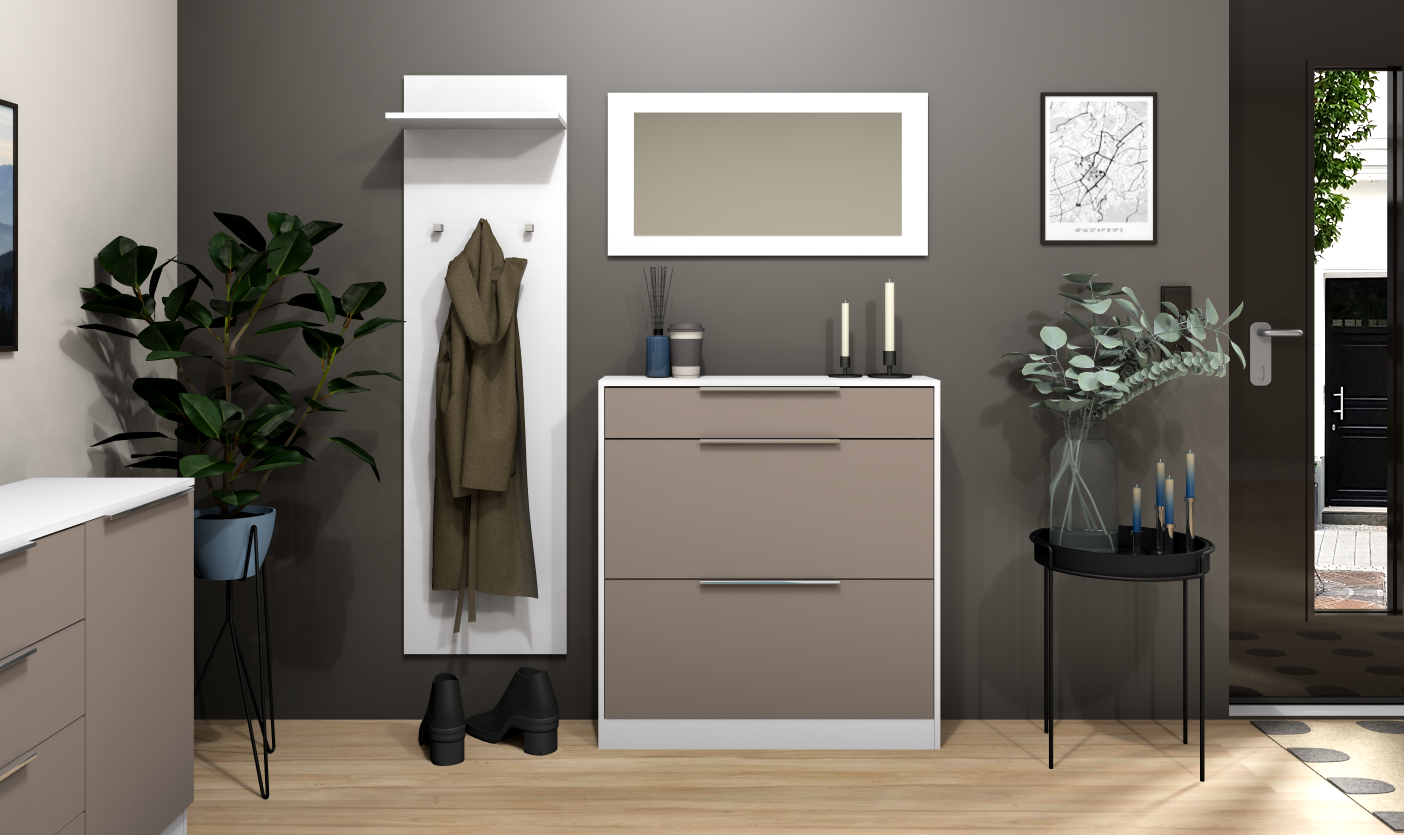 Garderobenset Oliva Basic mit Schuhschrank, Paneel und Spiegel in weiß-cappuccino