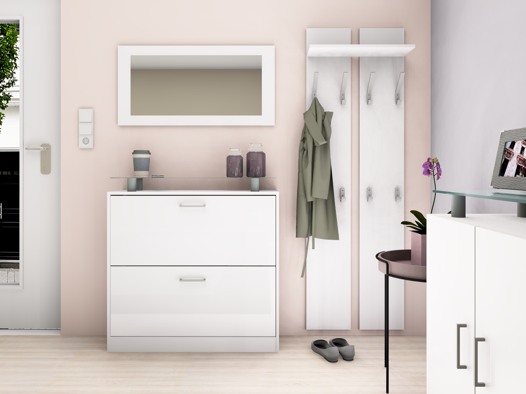 105300110_2 Schuhschrank Weiß matt "Finn" im Set mit Spiegel und Paneel