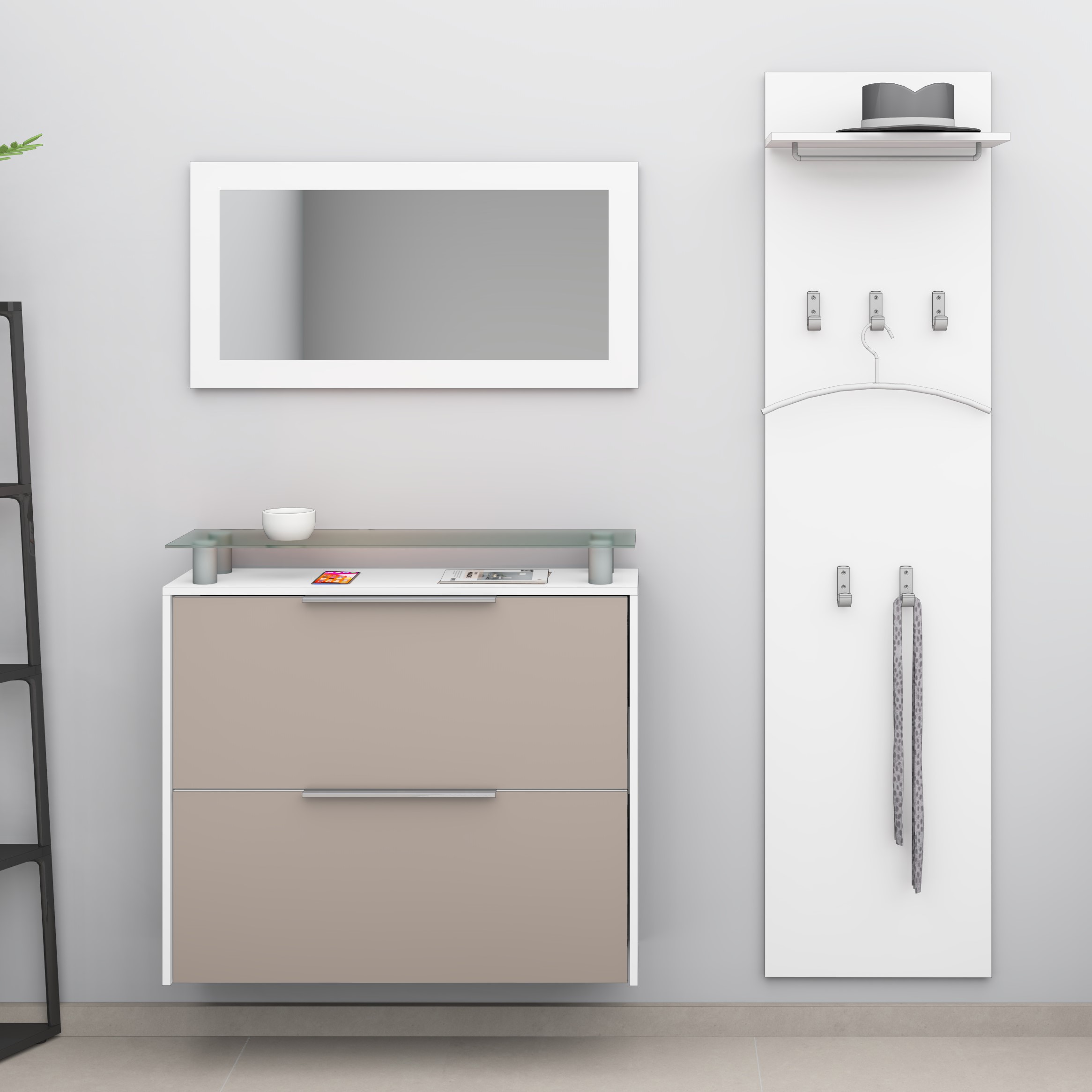 Set aus Schuhschrank, Spiegel, Paneel in Weiß matt - Cappuccino "Rena"