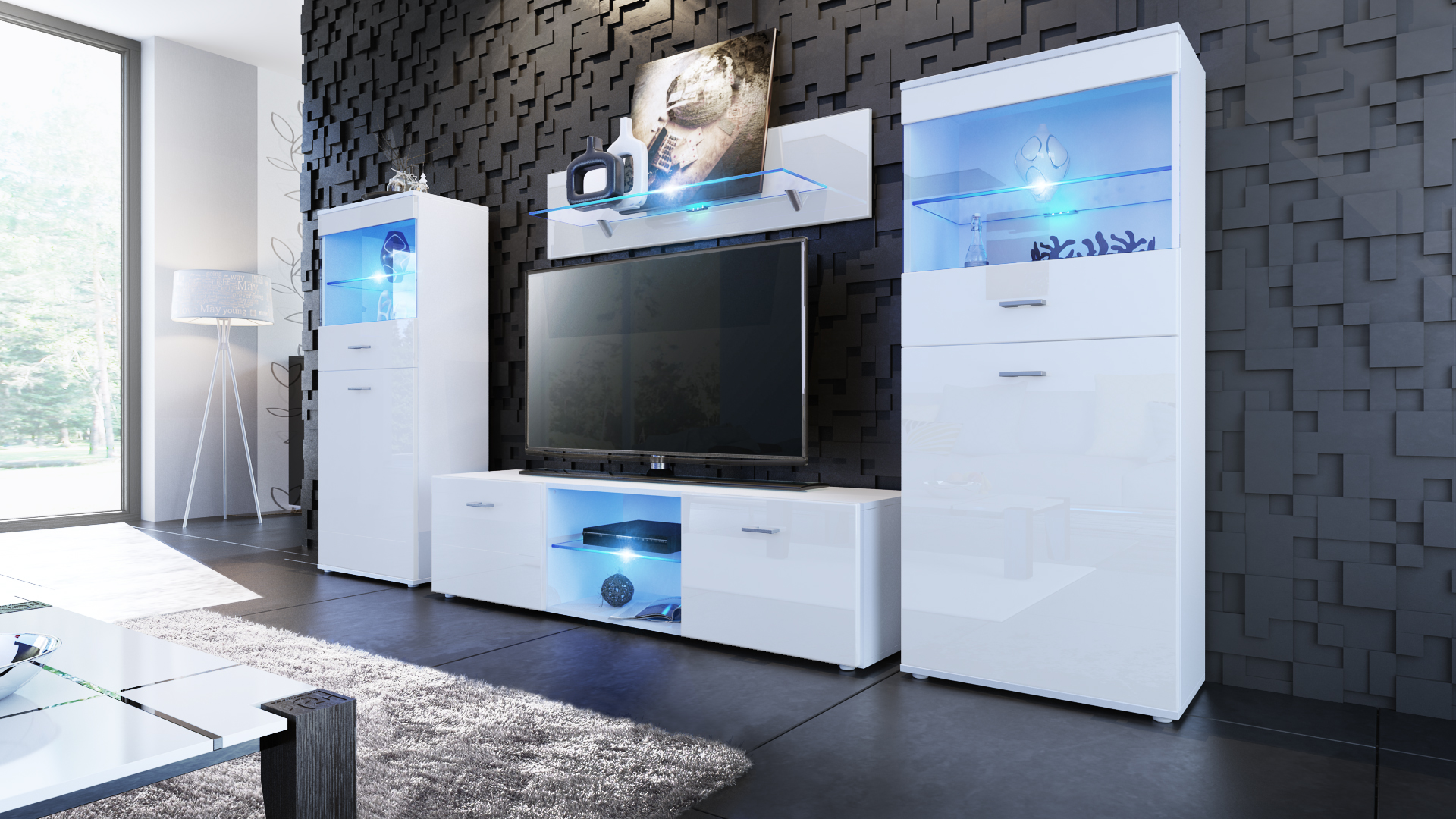 312-419-1 TV-Wand Weiß Hochglanz "Scala" mit Lowboard und Vitrinen