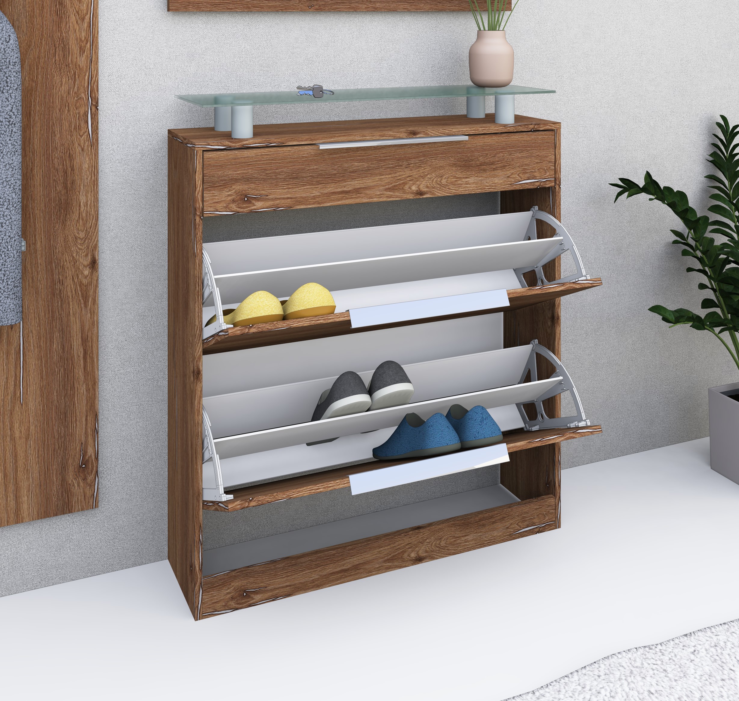 46998561_SCU_stehend_vintage-eiche_2 Schuhschrank Oliva mit Glasablage und Metallgriffen in Eiche Vintage