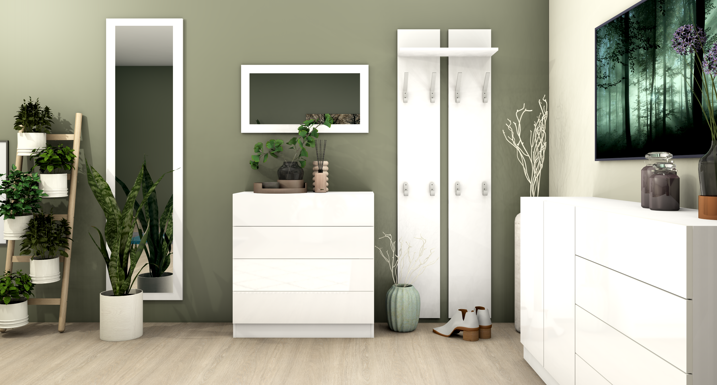 Garderobe-Vaasa-Set-3-weiss-matt_01 Kommode Weiß Hochglanz "Vaasa" im Set mit Spiegel und Paneel