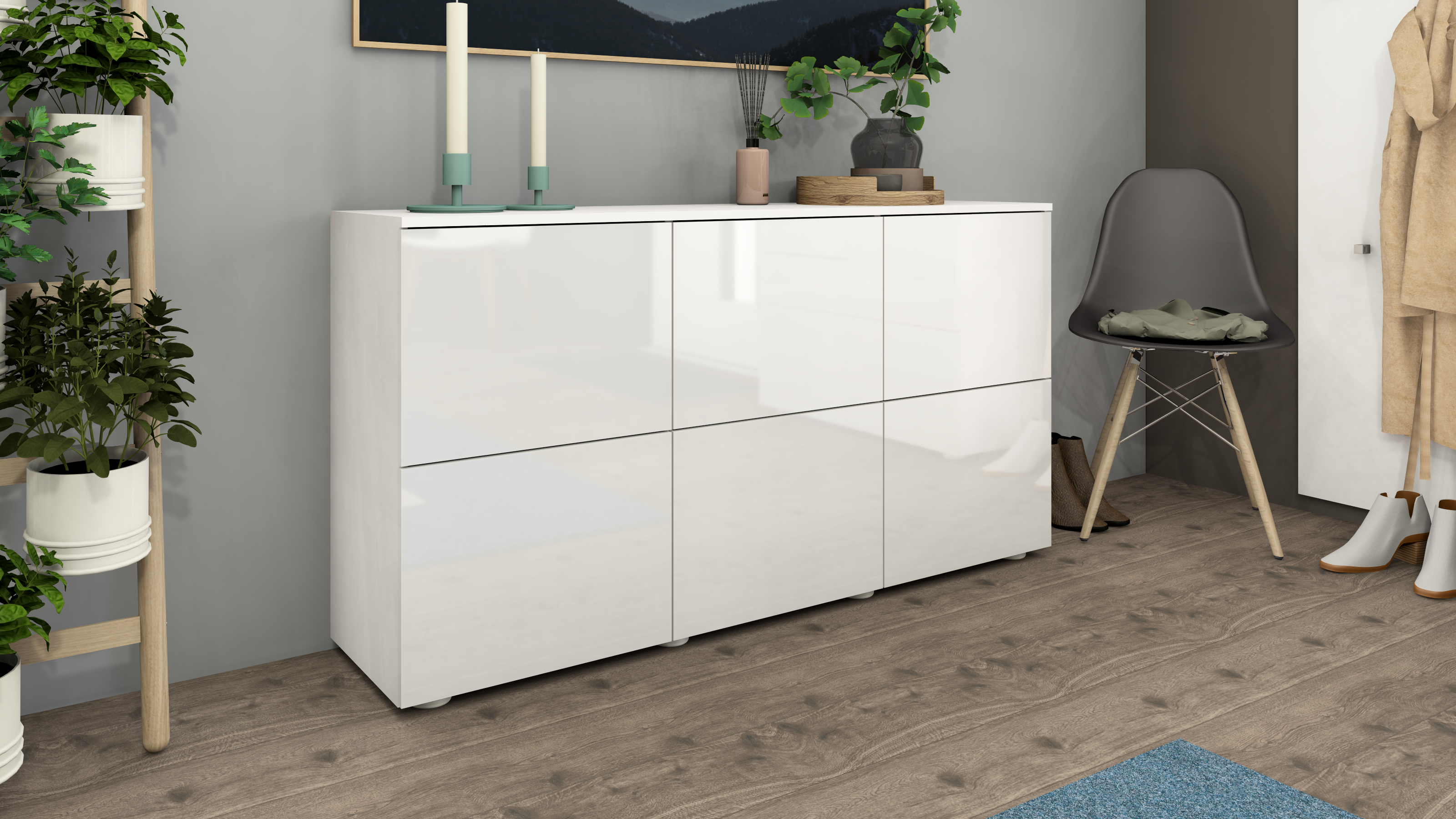 Sideboard ROVA 139 cm 6 Türen weiß Glanz