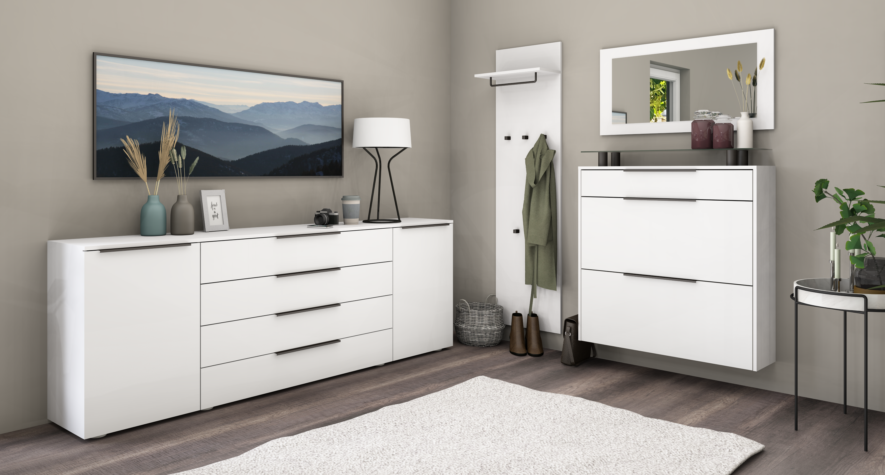 Ambiente_Oliva-Tom-Set-2-Griff-sw-weiss-matt_3 Sideboard und Schuhschrank Weiß Hochglanz "Tom" 200 cm