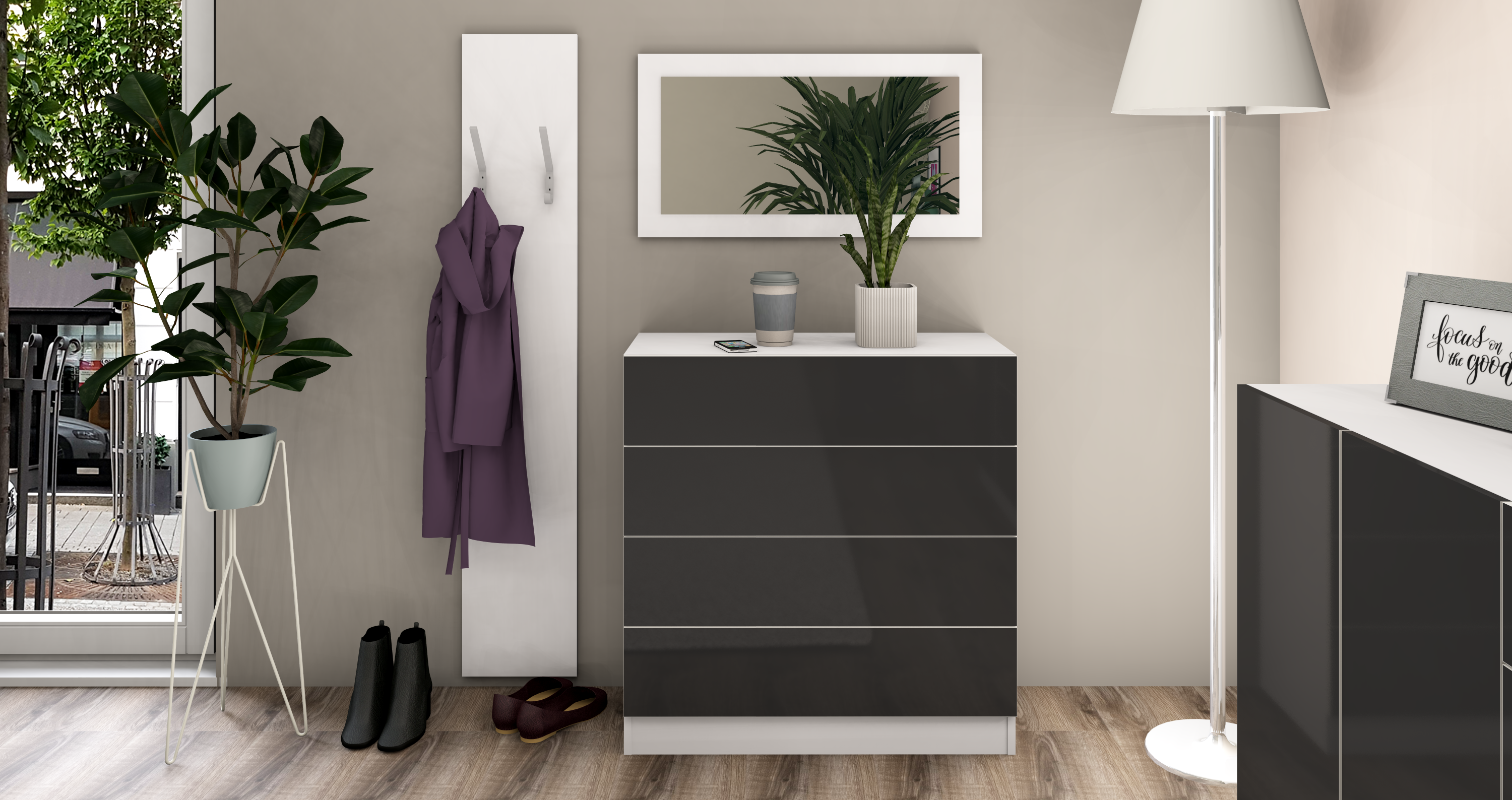 Kommode Weiß Matt - Graphit Hochglanz im Set "Vaasa" mit Spiegel und Paneel