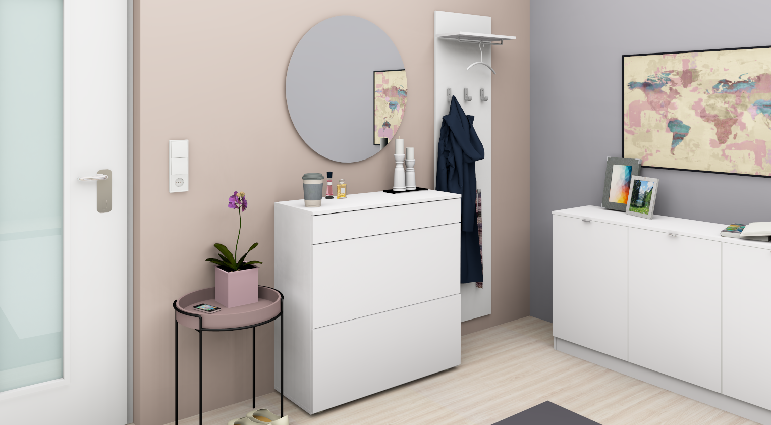 Schuhschrank Weiß Matt "Torben" im Set mit Spiegel und Paneel