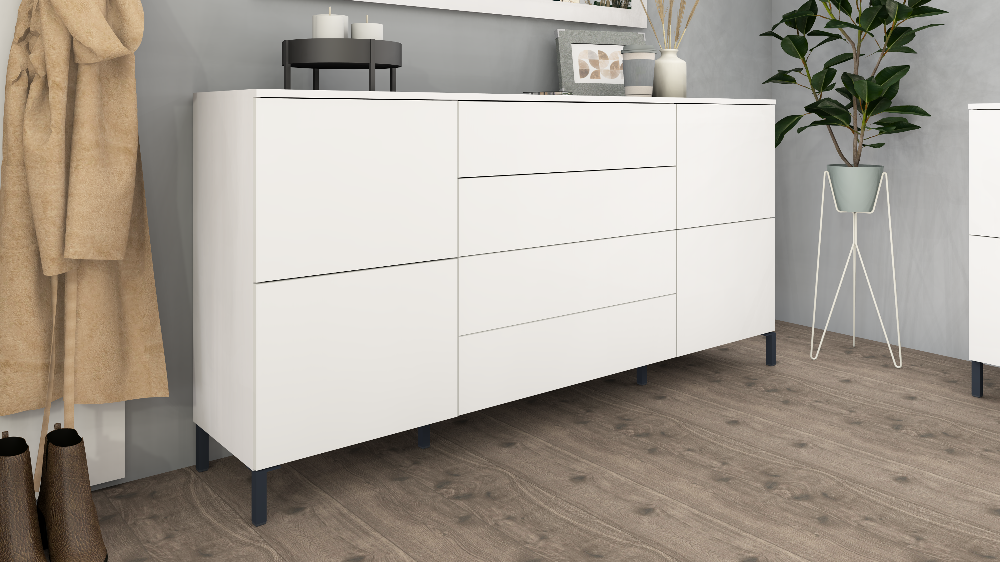 Sideboard Weiß Matt "Haama" 166 cm mit Metallfüßen