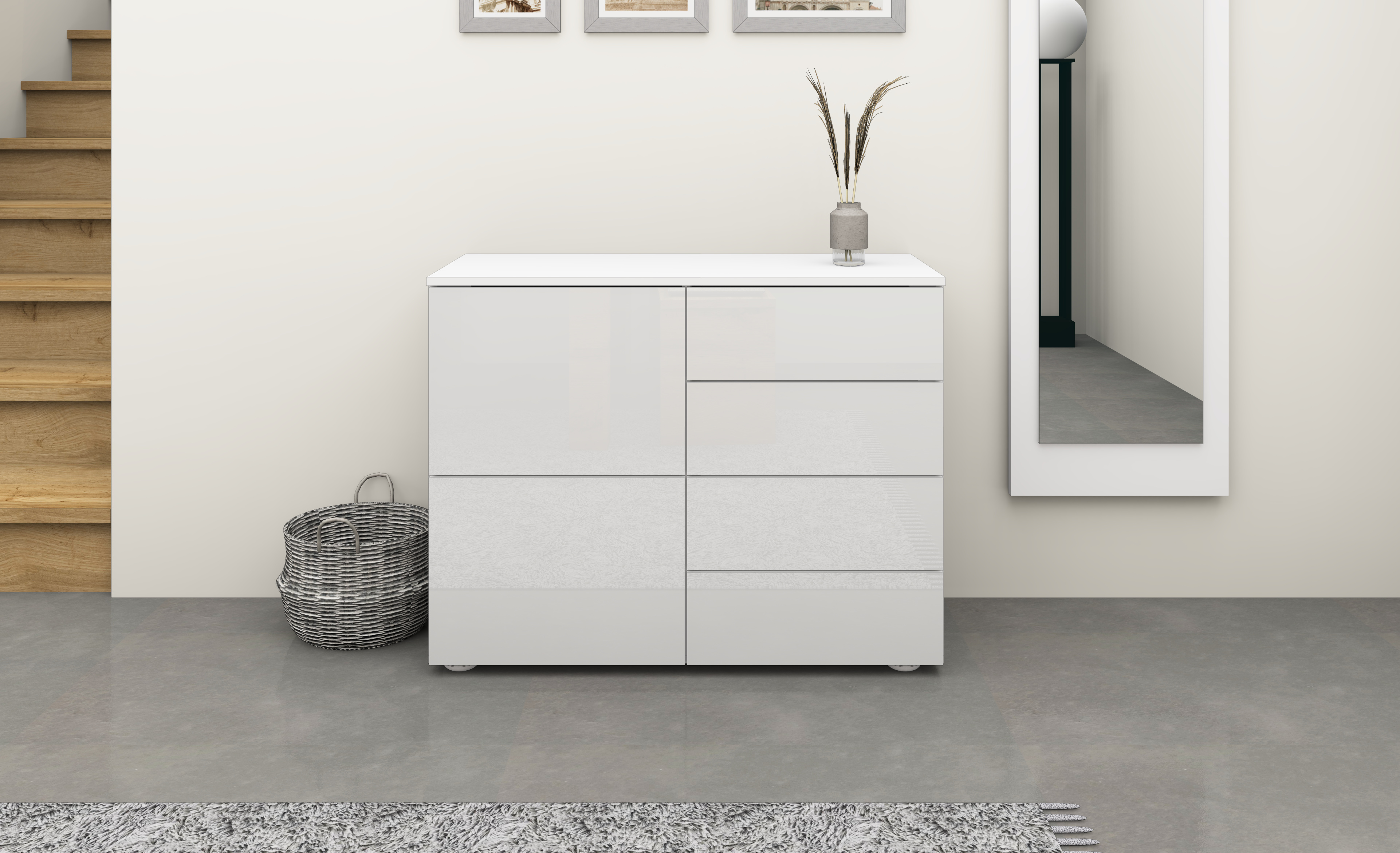 Kommode Weiß Hochglanz "Rova" 2-türig 4 Schubkästen