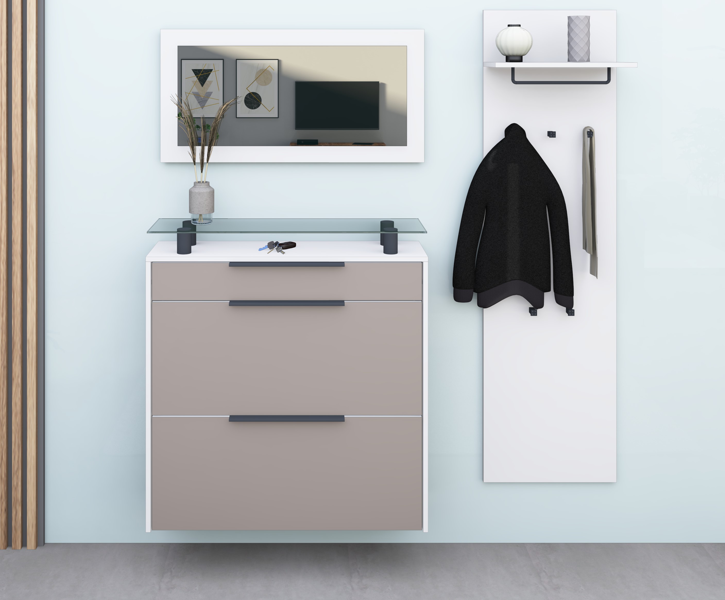 Schuhschrank mit Spiegel und Paneel "Tom" Weiß - Cappuccino