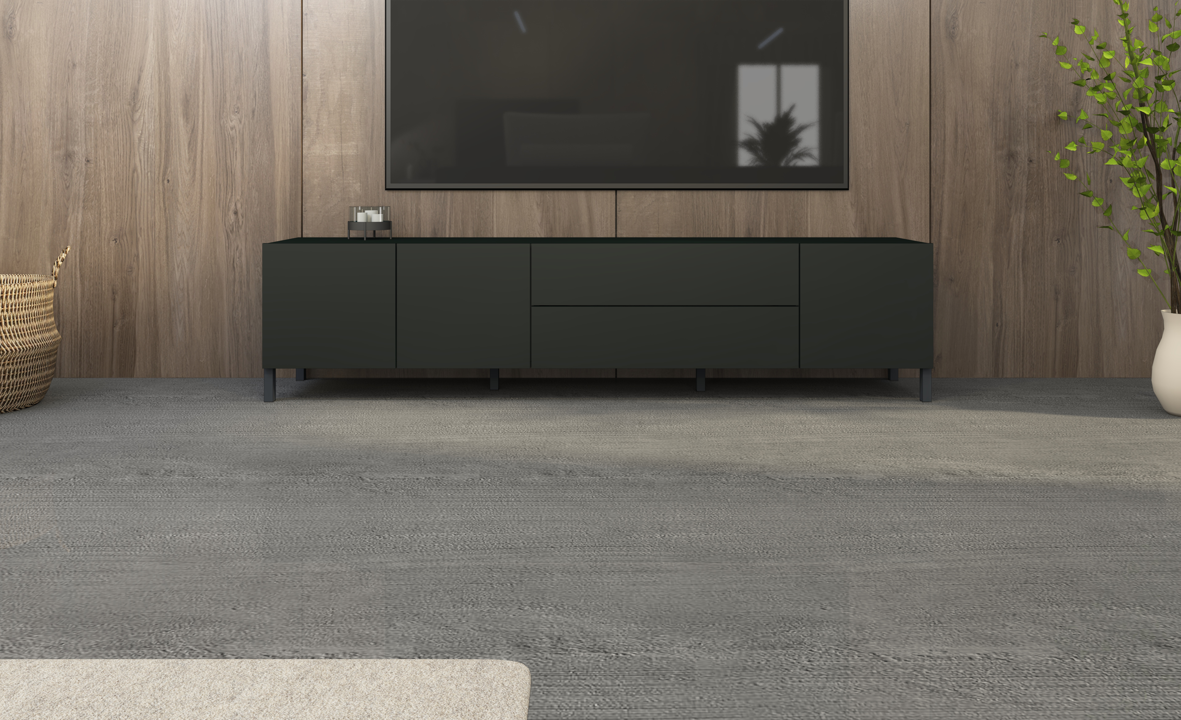 LB-190_3T-2SK_schwarz-matt_5 Lowboard Pori 190 cm mit 3 Türen und 2 Schubkästen in schwarz matt