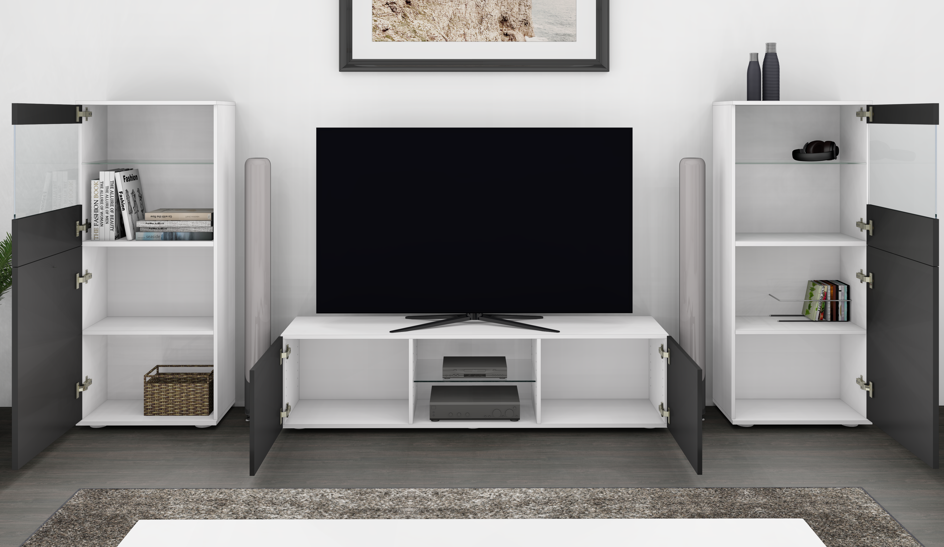 45272934_Scala-TV-Wand-weiss-graphit-4 TV-Wand Weiß "Scala" mit Lowboard und Vitrinen geöffnet