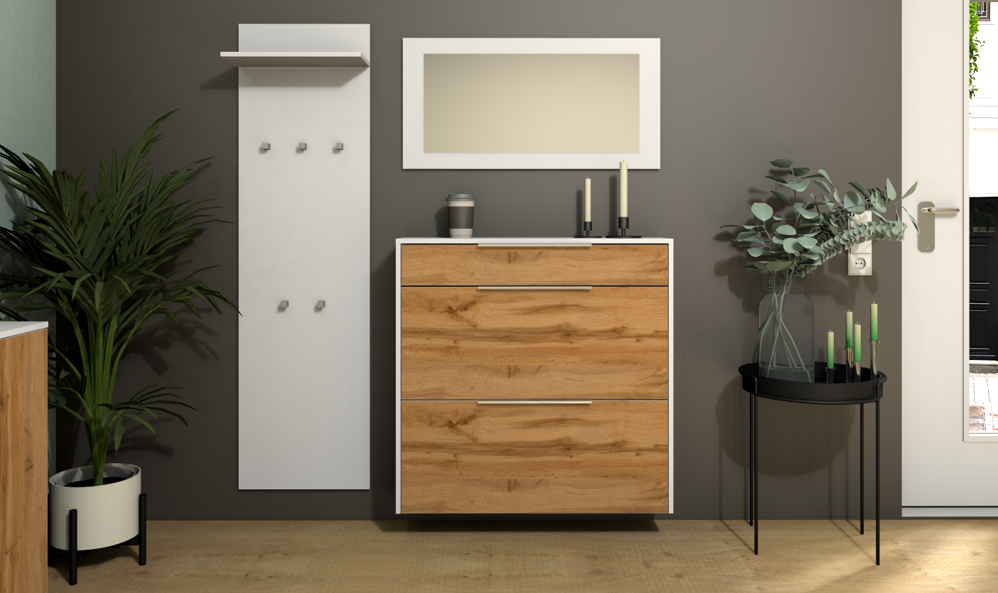 Garderobenset Oliva Basic mit Schuhschrank, Paneel und Spiegel in weiß-eiche wotan