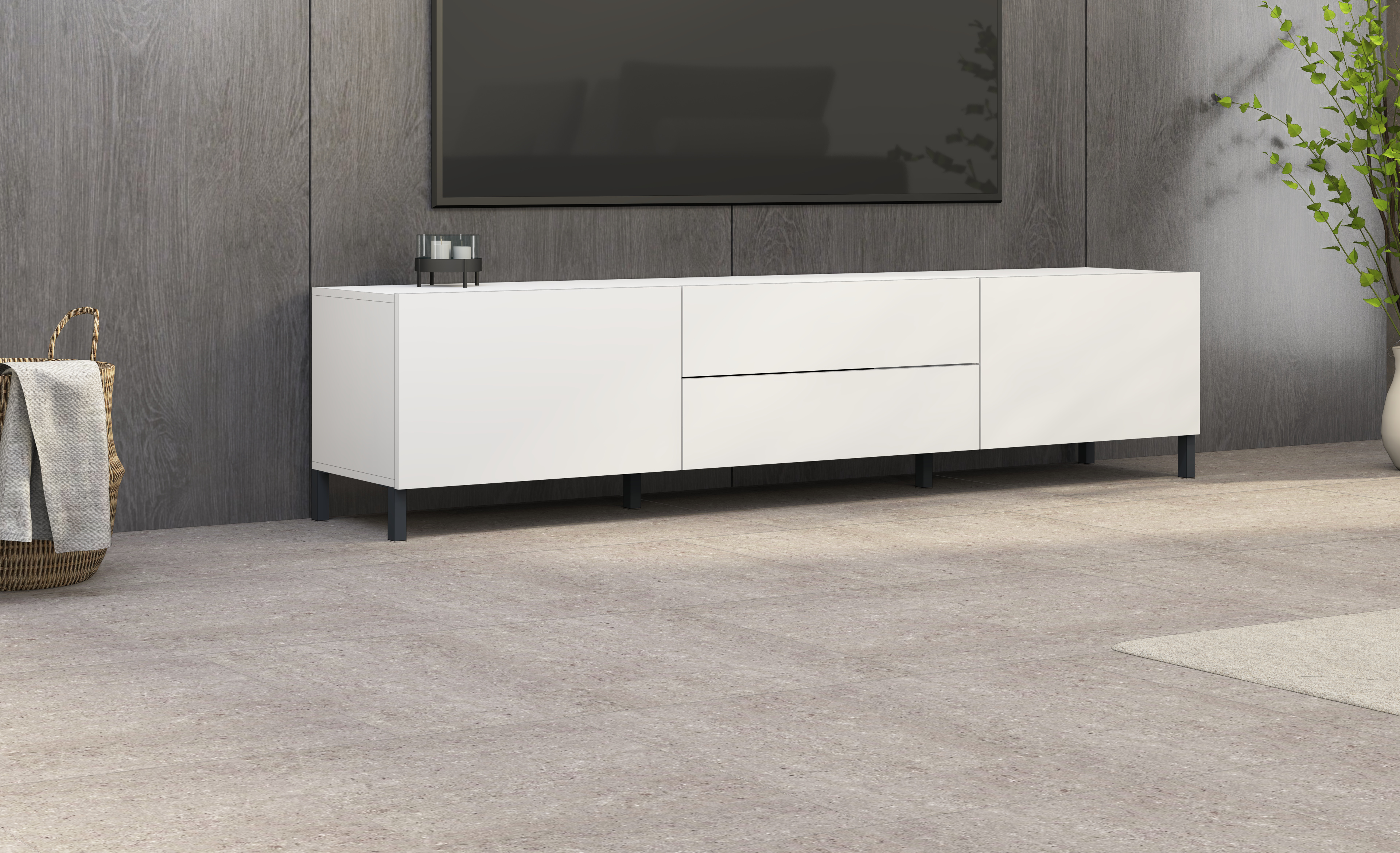 "Pori" Lowboard 200 cm mit Metallfüßen in Weiß matt