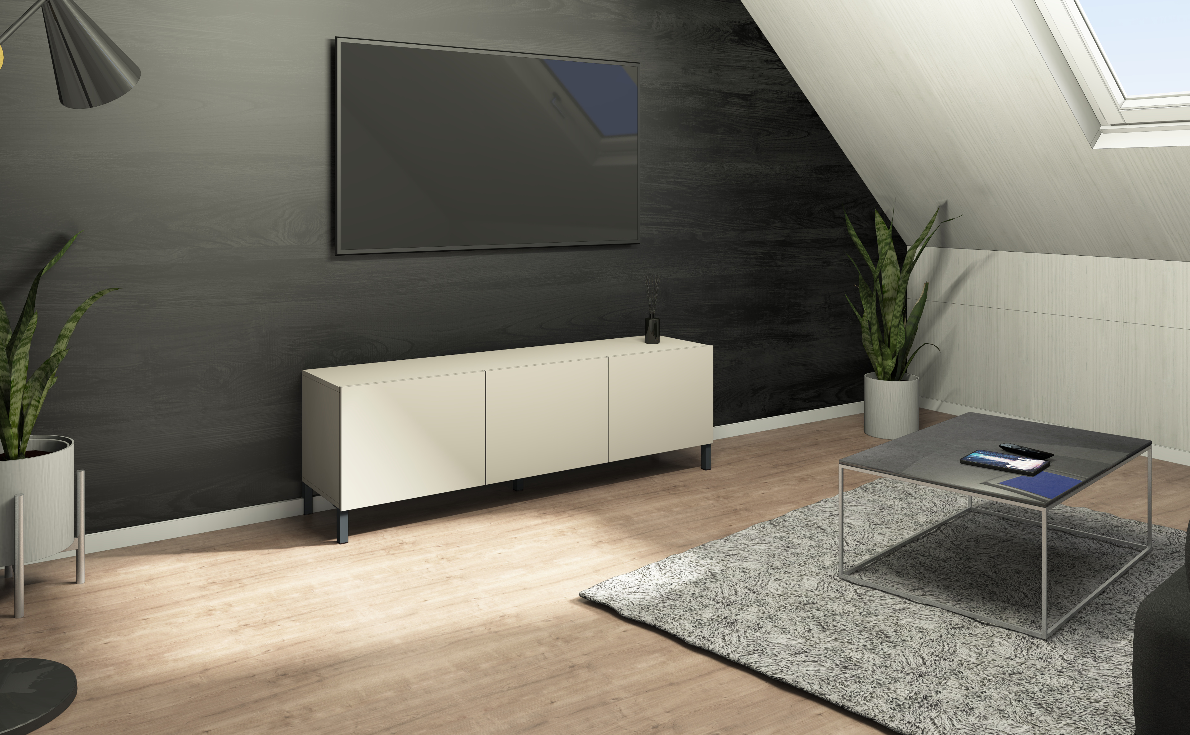 Lowboard Pori 139 cm Kaschmir-Dekor, 3 Türen, Metallfüße