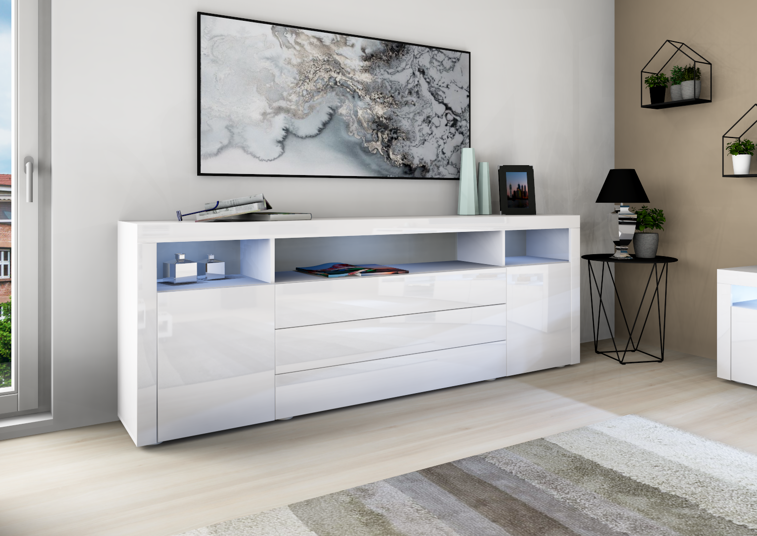 21_3iZObGD2x8FND8 Sideboard Weiß Hochglanz 200 cm "Santa Fé"