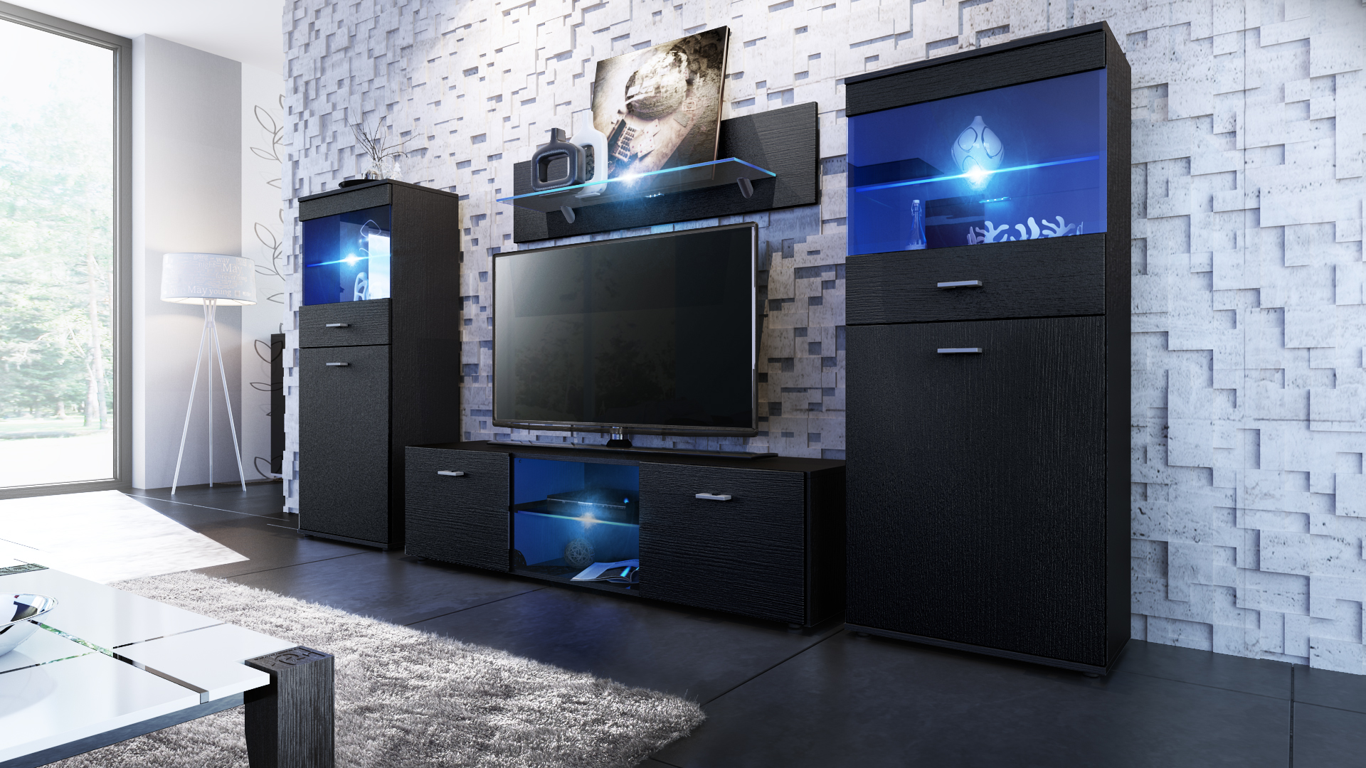 TV-Wand Schwarz Matt "Scala" mit Lowboard und Vitrinen