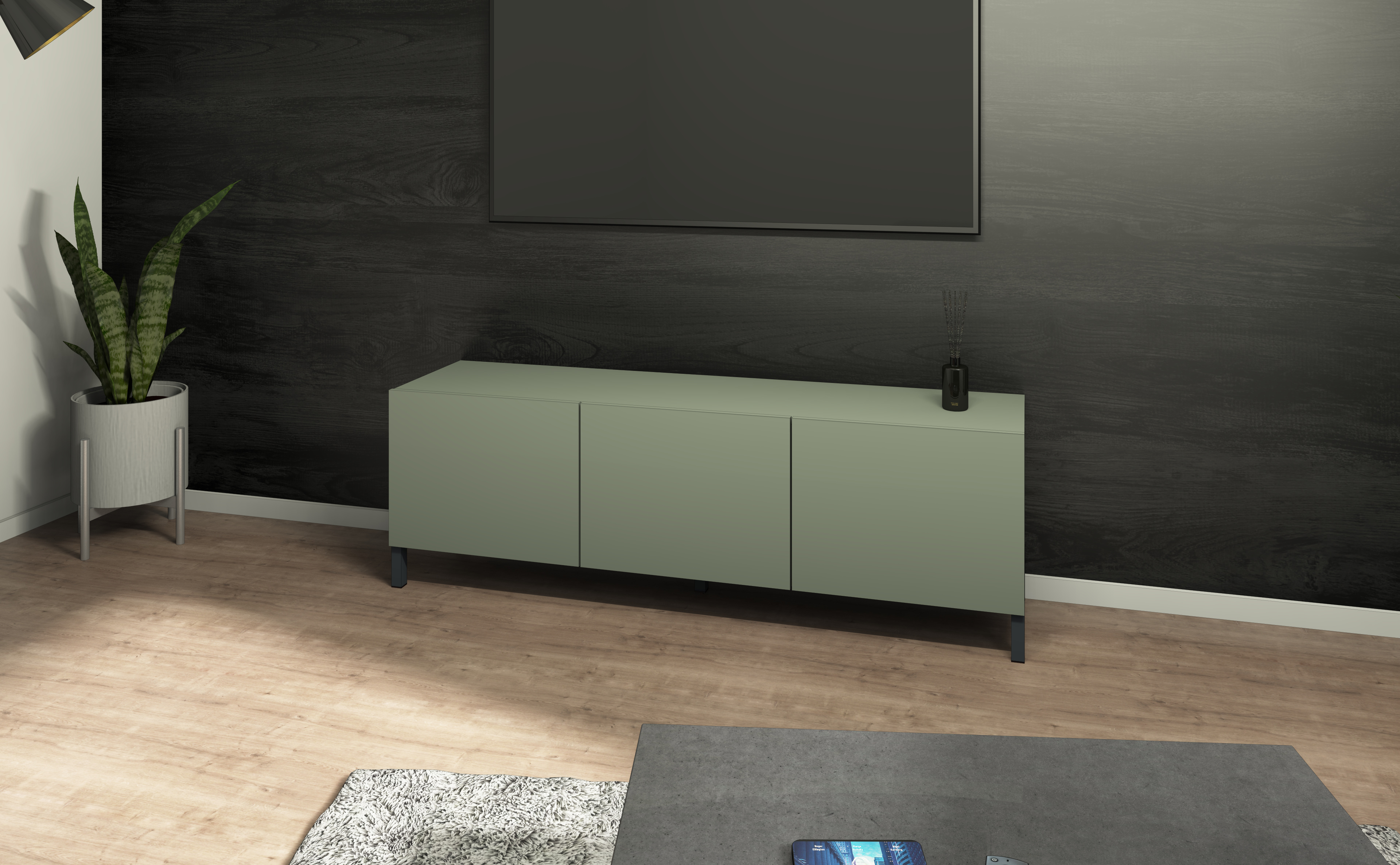 Lowboard Pori 139 cm Salbei-Dekor, 3 Türen, Metallfüße