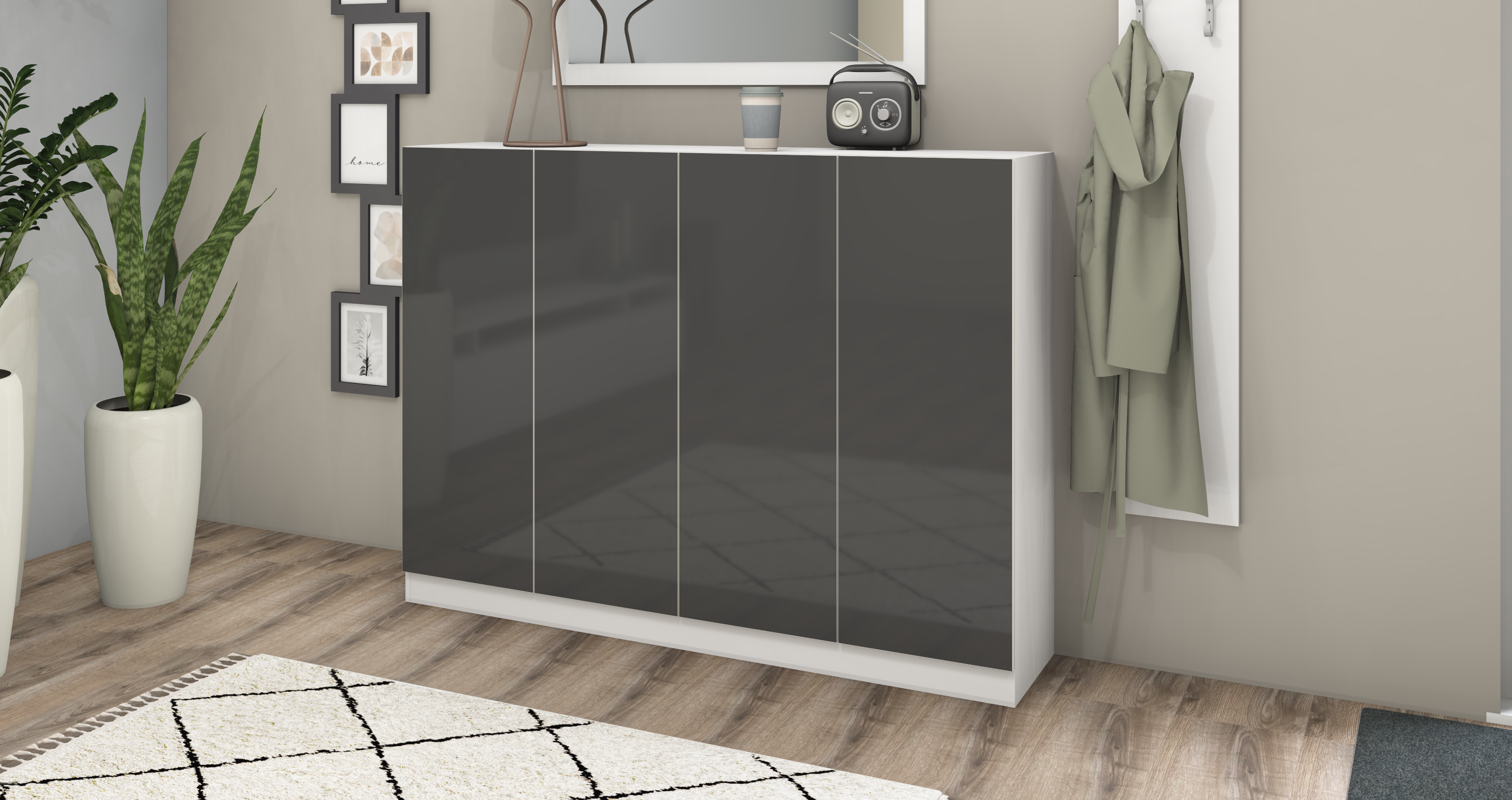 Schuhschrank VAASA 4-türig Weiß-Graphit Glanz