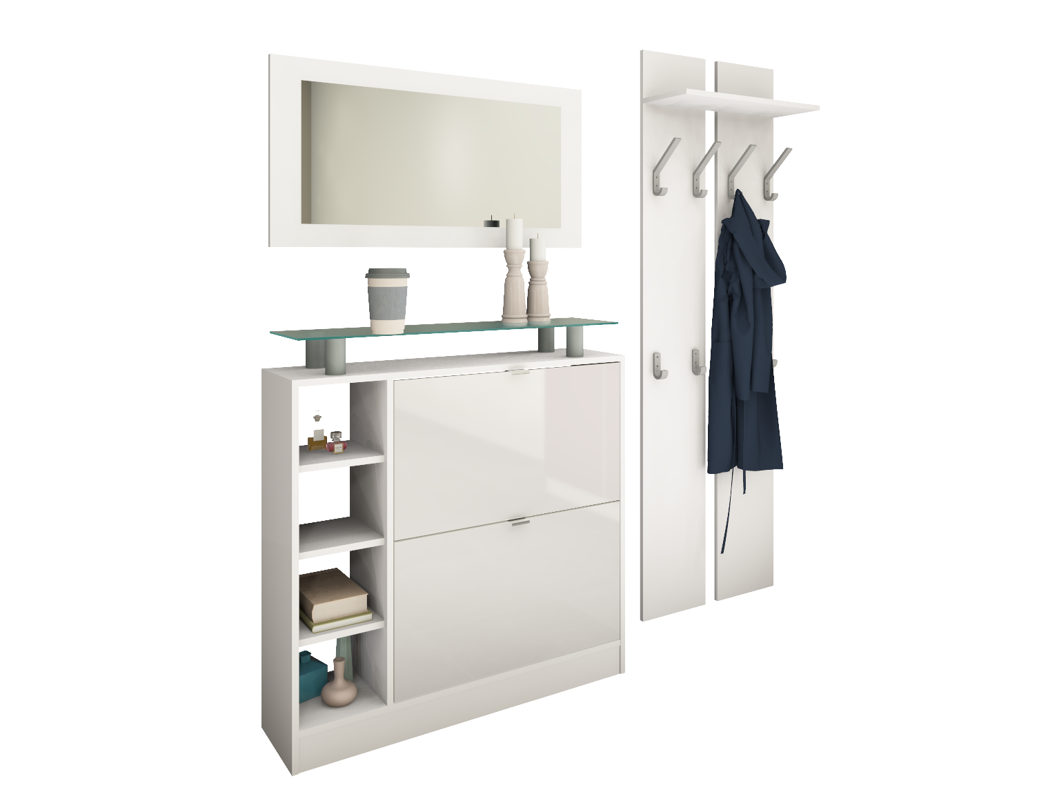 Schuhschrank-Set mit Spiegel und Paneel "Dolly" Weiß Hochglanz