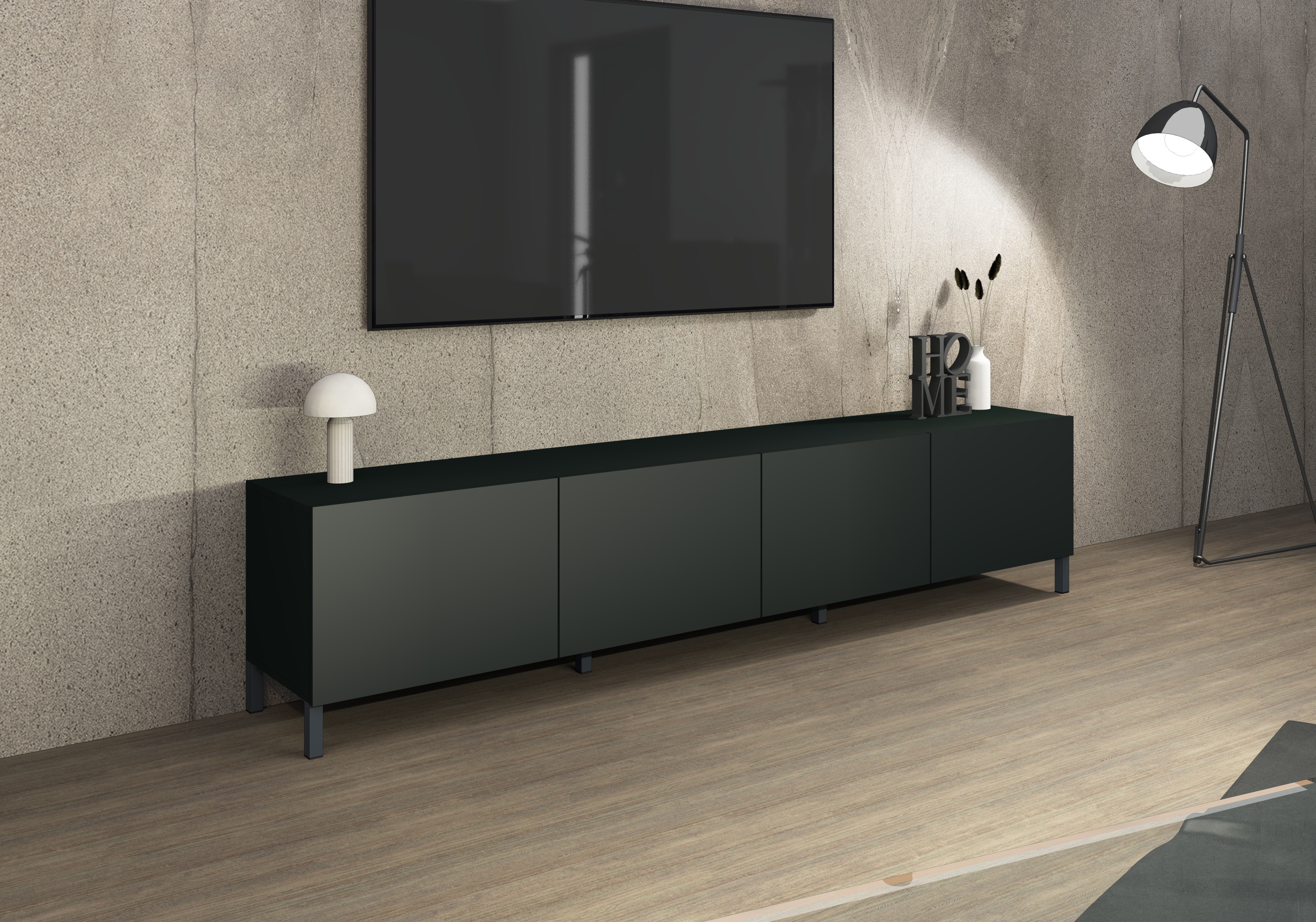 Sophia Lowboard 200 cm 4-türig Schwarz mit Metallfüßen Sophia Lowboard 200 cm 4-türig Schwarz mit Metallfüßen