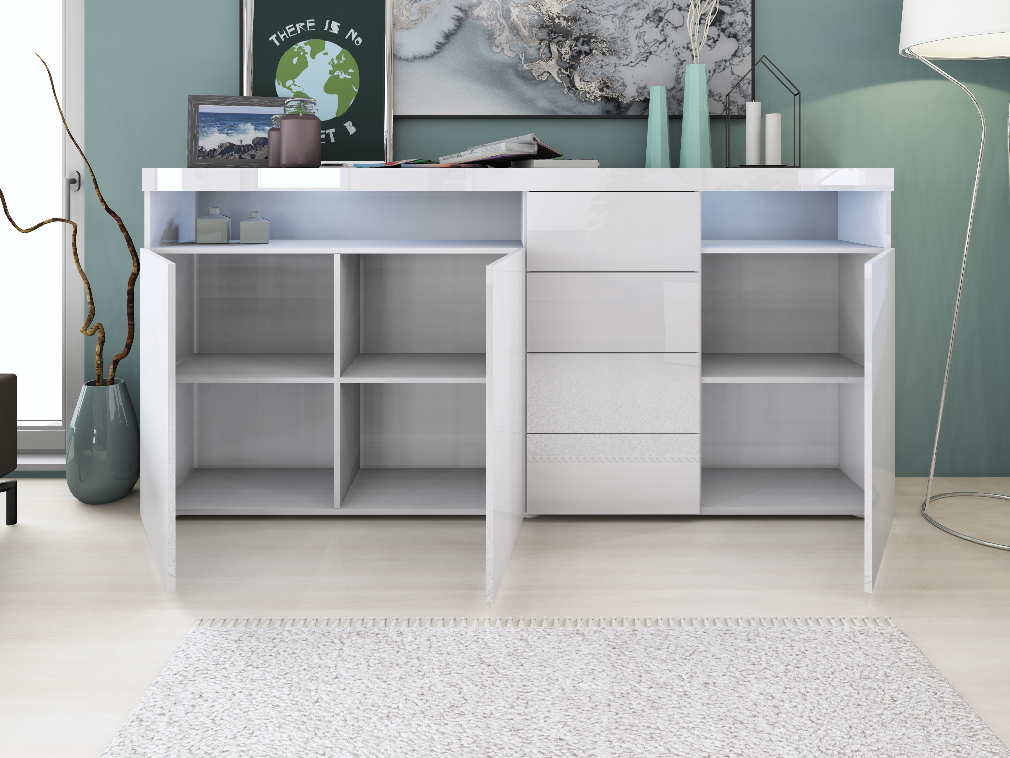 Highboard "Kapstadt" 200 cm in Weiß Hochglanz