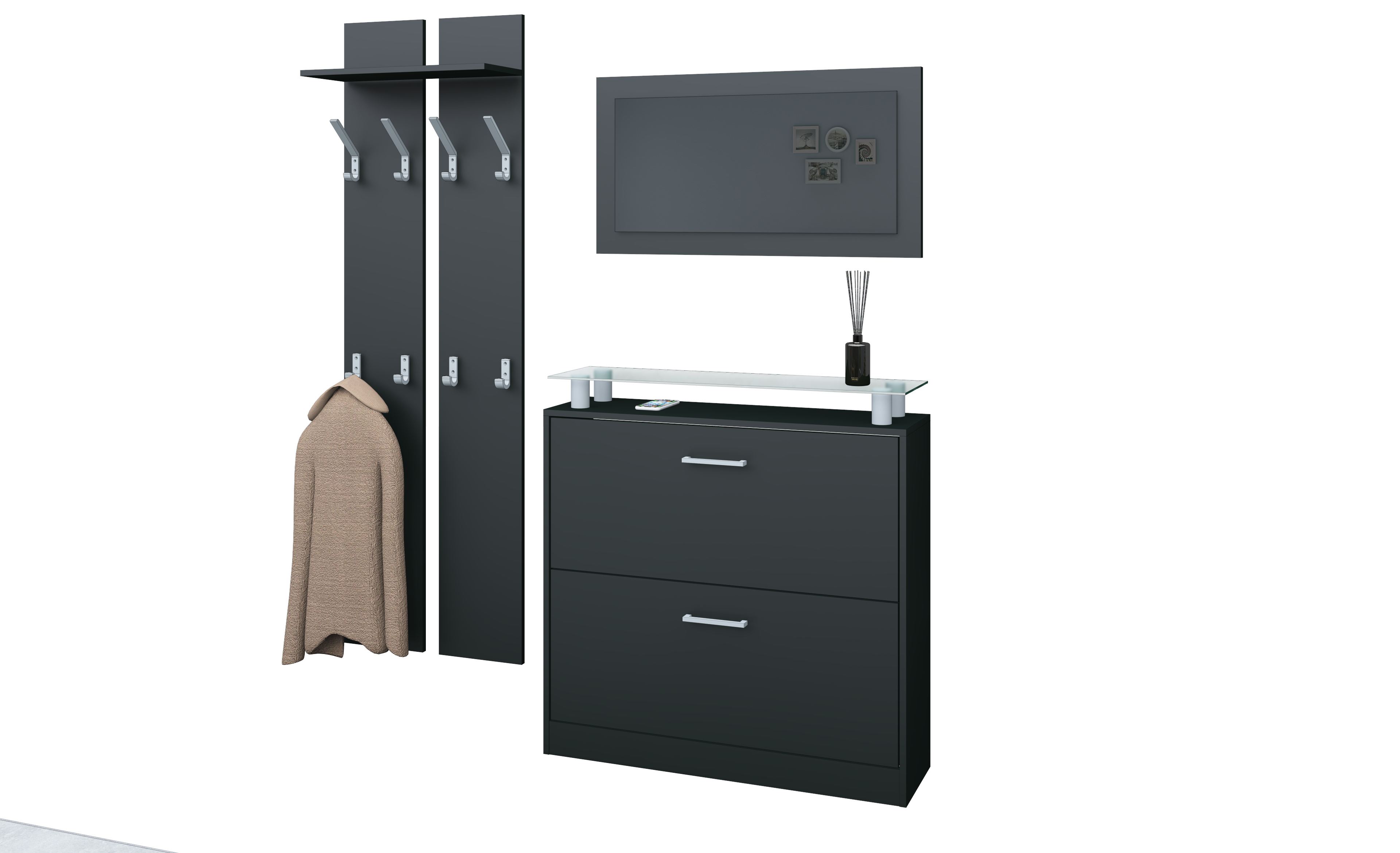 46811739_G-Set_schwarz-matt_03 Garderobenset schwarz matt mit Schuhschrank, Spiegel, Paneel "Finn"