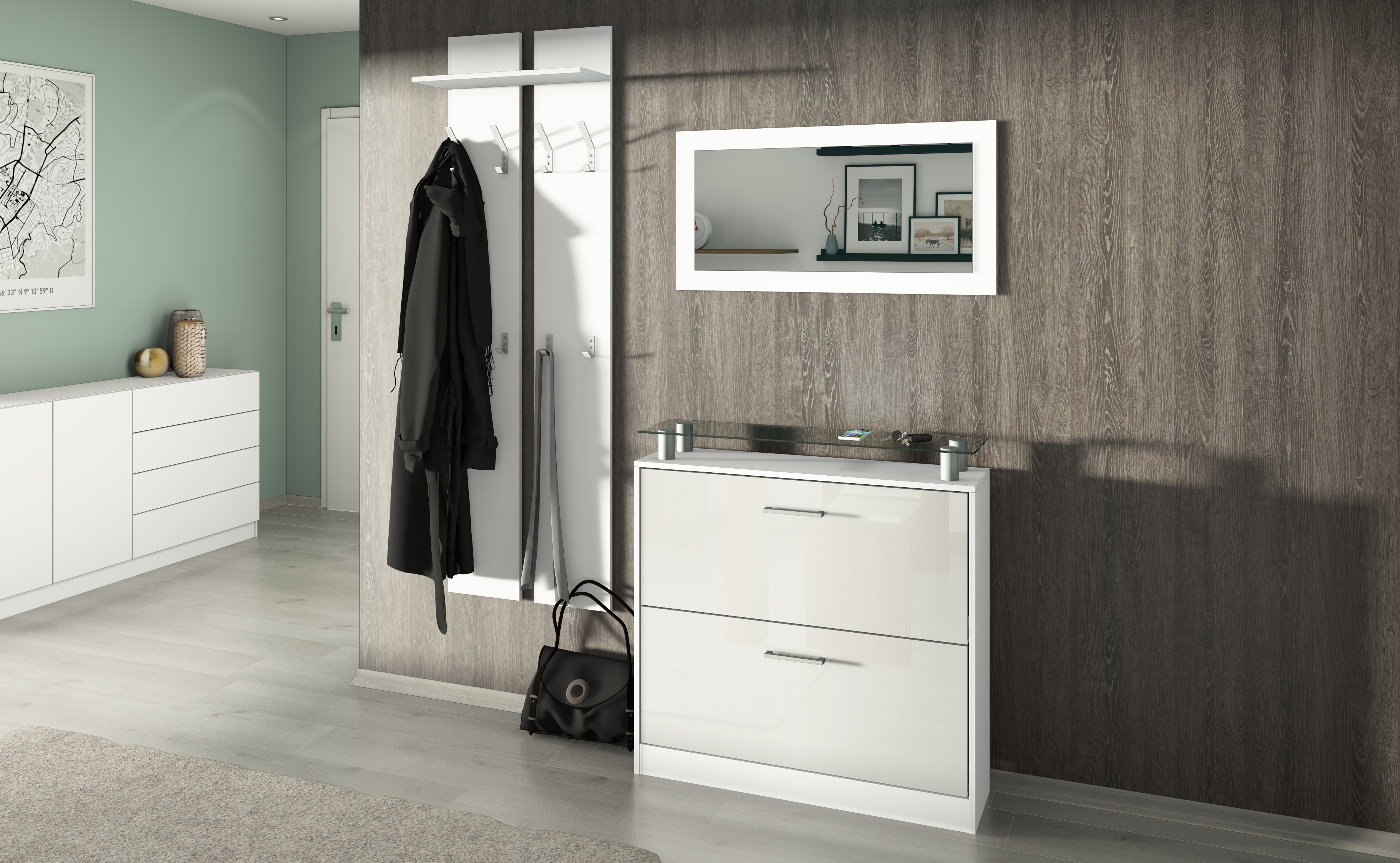 Garderobenset mit Schuhschrank, Paneel, Spiegel in Weiß glänzend