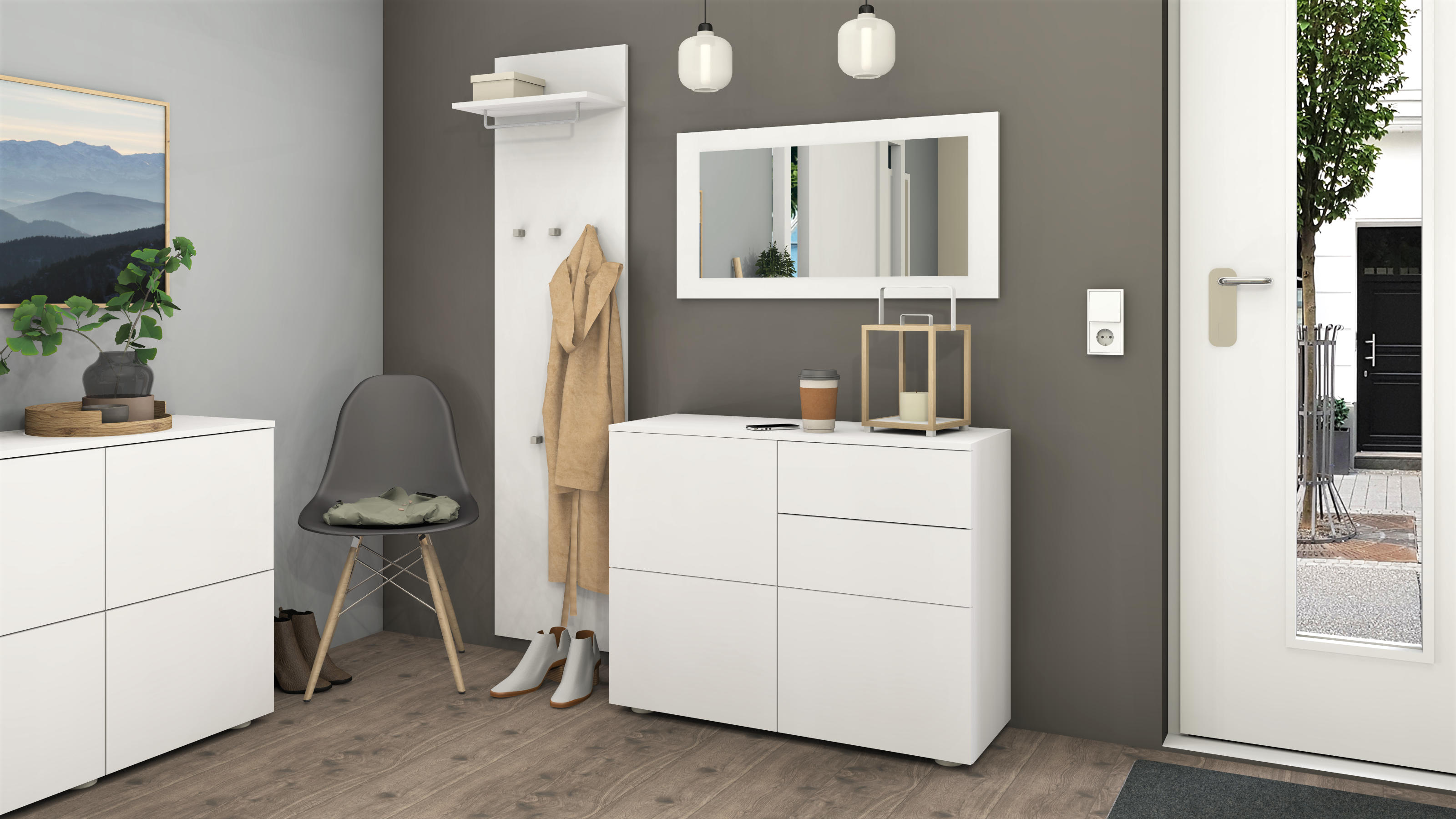 Garderobenset Weiß Matt "Rova" 3-teilig mit Kommode, Spiegel, Paneel